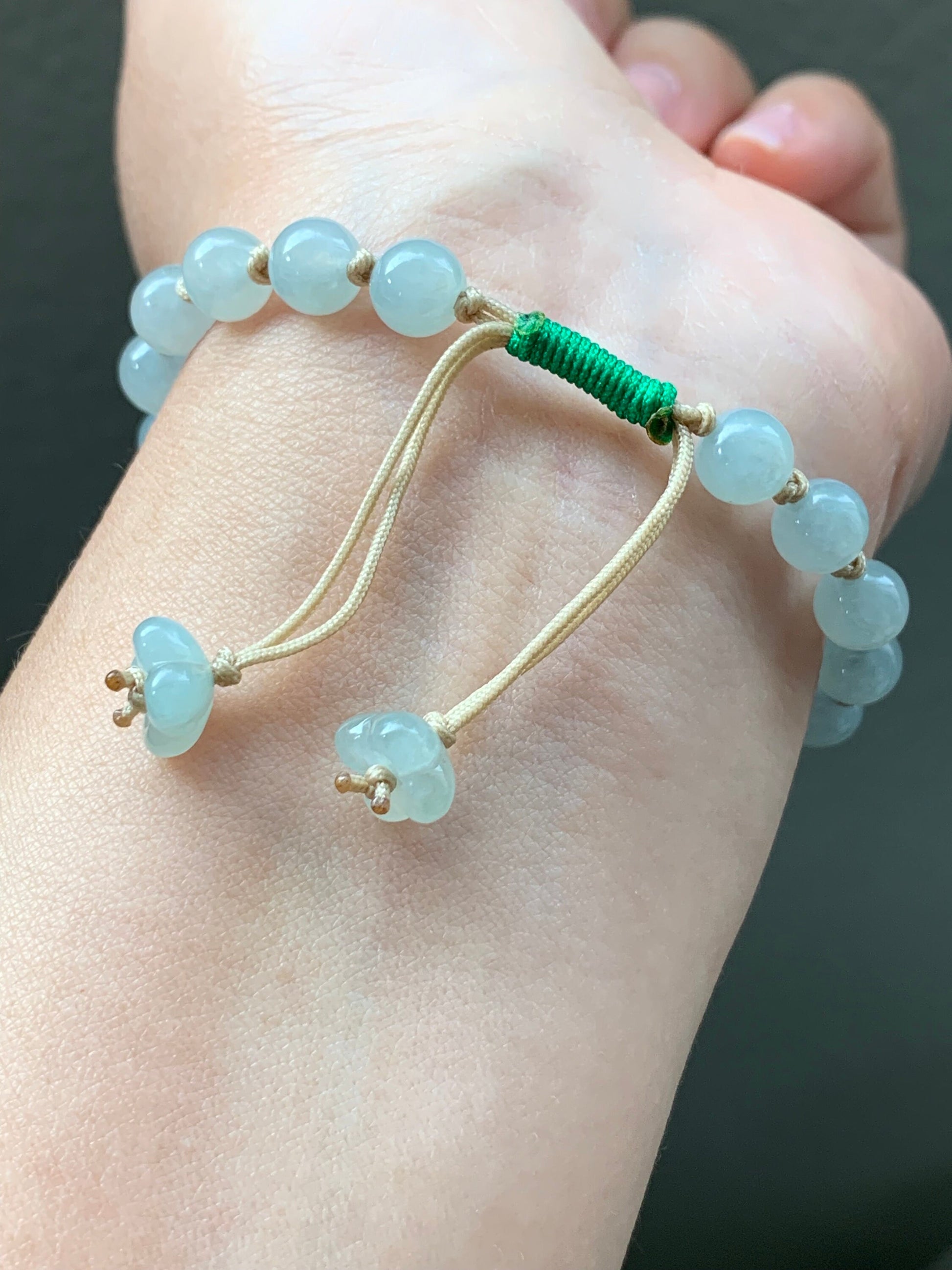Stunning Natural Burmese Icy Translucent Gelatinous Light Green Jadeite Carved 9-Tailed Fox Beaded Bracelet 天然缅甸冰胶晴底翡翠九尾狐手牌手串