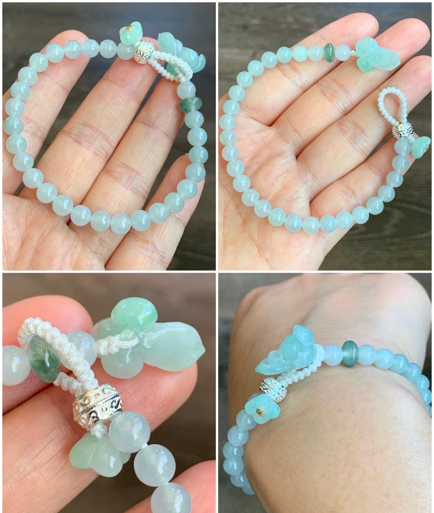 Natural Burmese Grade A Icy Translucent Light Green Jadeite Green Marbling Lotus Flower Beaded Bracelet Sterling Silver 7” 天然缅甸冰晴飘绿翡翠莲花足银珠手串