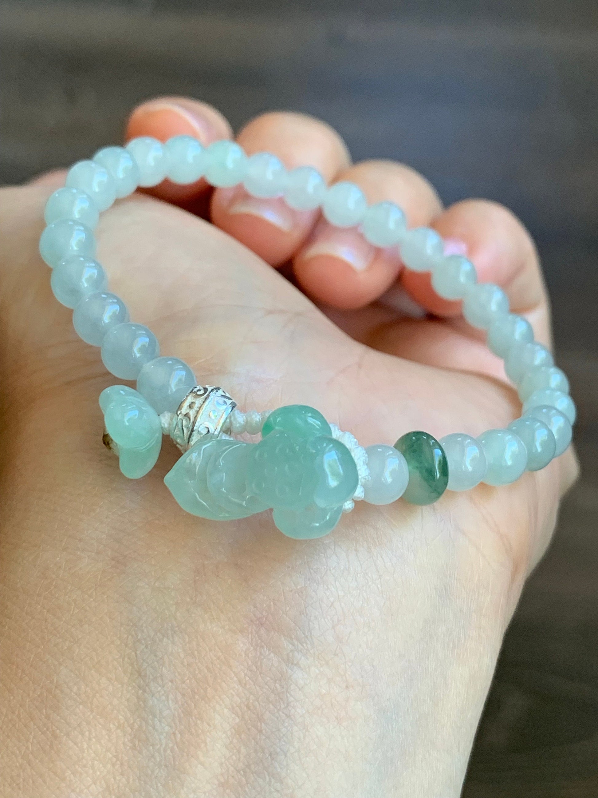 Natural Burmese Grade A Icy Translucent Light Green Jadeite Green Marbling Lotus Flower Beaded Bracelet Sterling Silver 7” 天然缅甸冰晴飘绿翡翠莲花足银珠手串