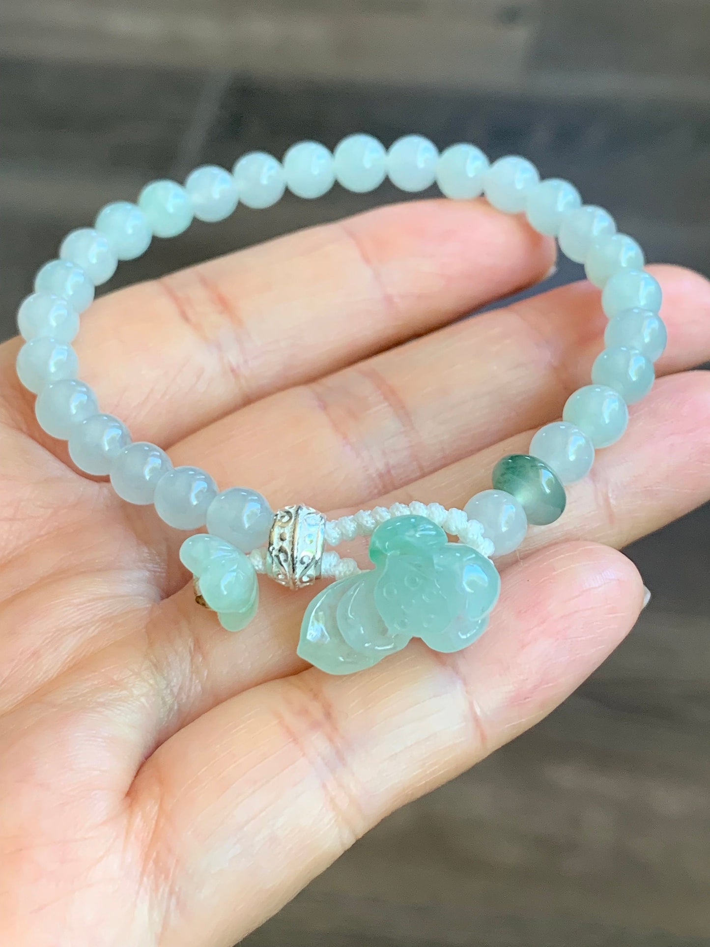 Natural Burmese Grade A Icy Translucent Light Green Jadeite Green Marbling Lotus Flower Beaded Bracelet Sterling Silver 7” 天然缅甸冰晴飘绿翡翠莲花足银珠手串