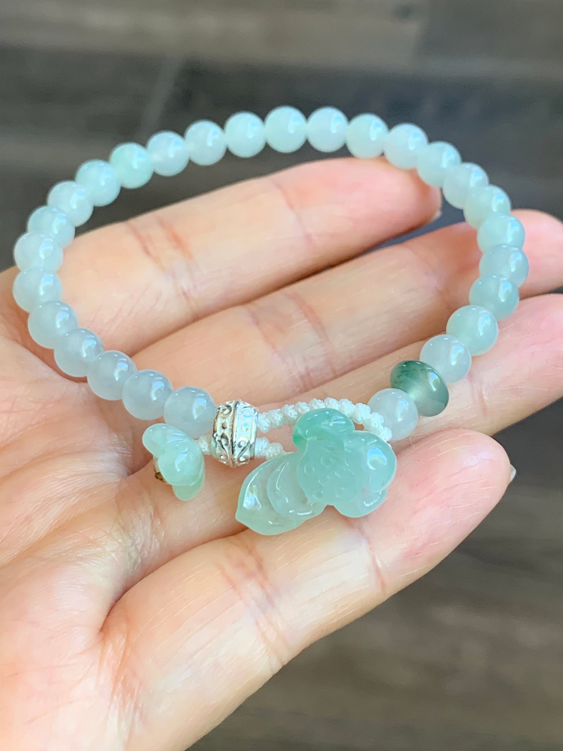 Natural Burmese Grade A Icy Translucent Light Green Jadeite Green Marbling Lotus Flower Beaded Bracelet Sterling Silver 7” 天然缅甸冰晴飘绿翡翠莲花足银珠手串