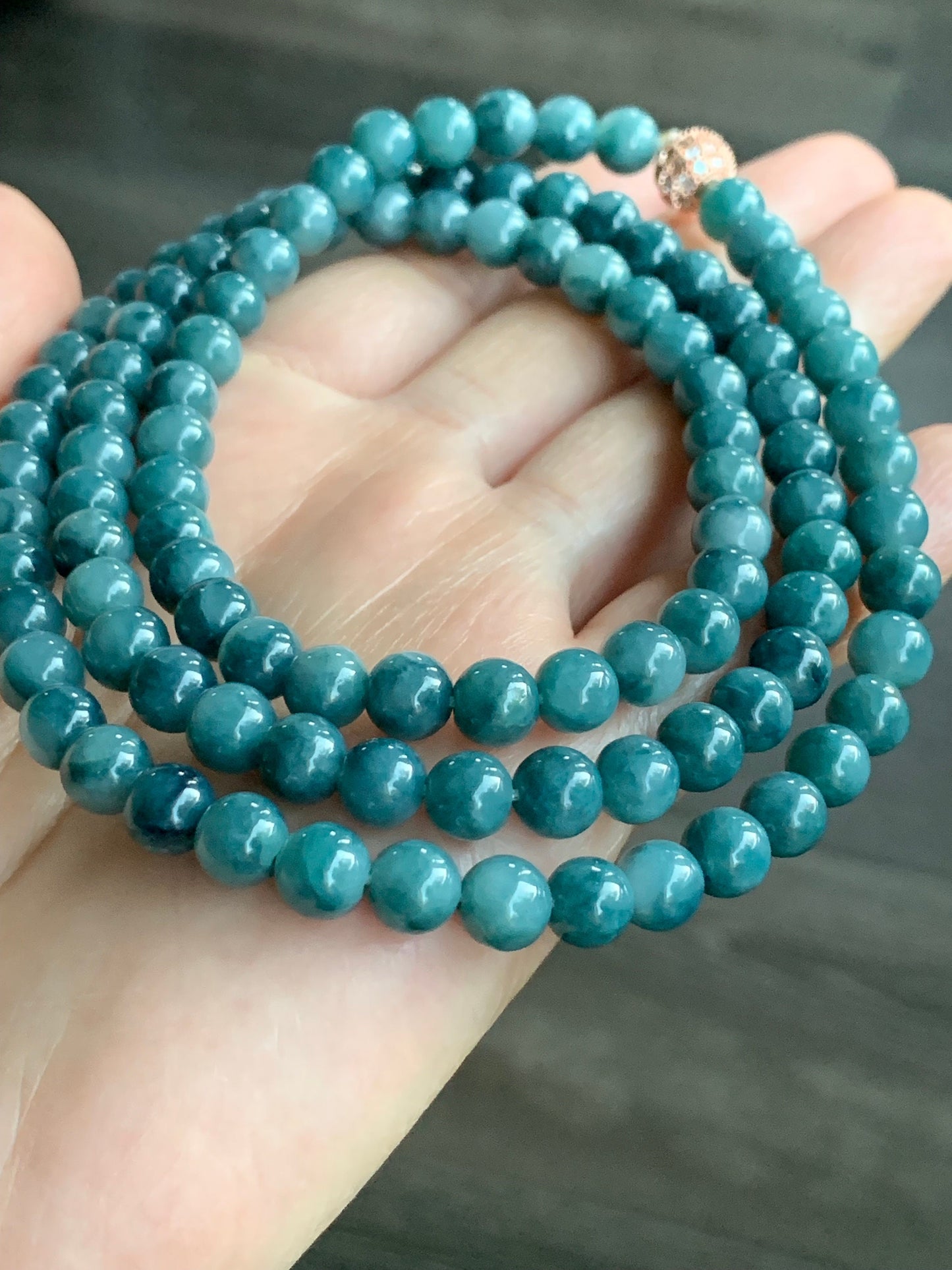 Rare Natural Burmese Icy Translucent Rich Indigo Blue Jadeite Beaded Necklace 6.6mm 28” 天然缅甸牛仔蓝翡翠长串项链