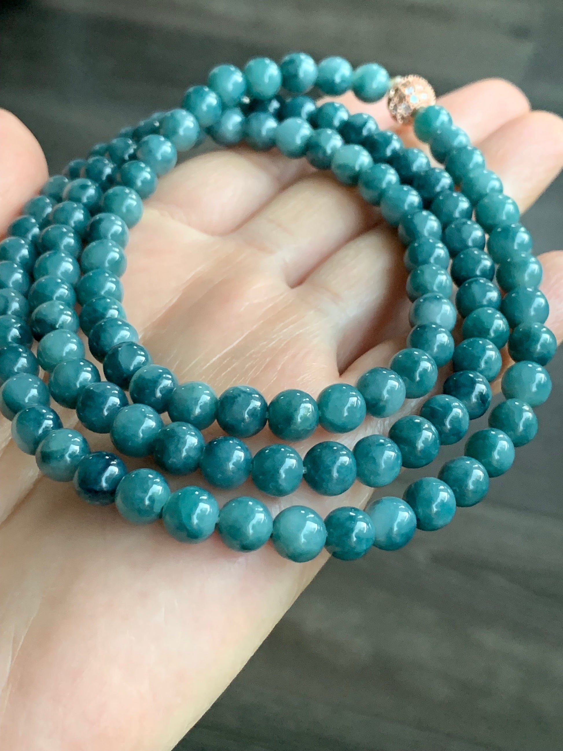 Rare Natural Burmese Icy Translucent Rich Indigo Blue Jadeite Beaded Necklace 6.6mm 28” 天然缅甸牛仔蓝翡翠长串项链
