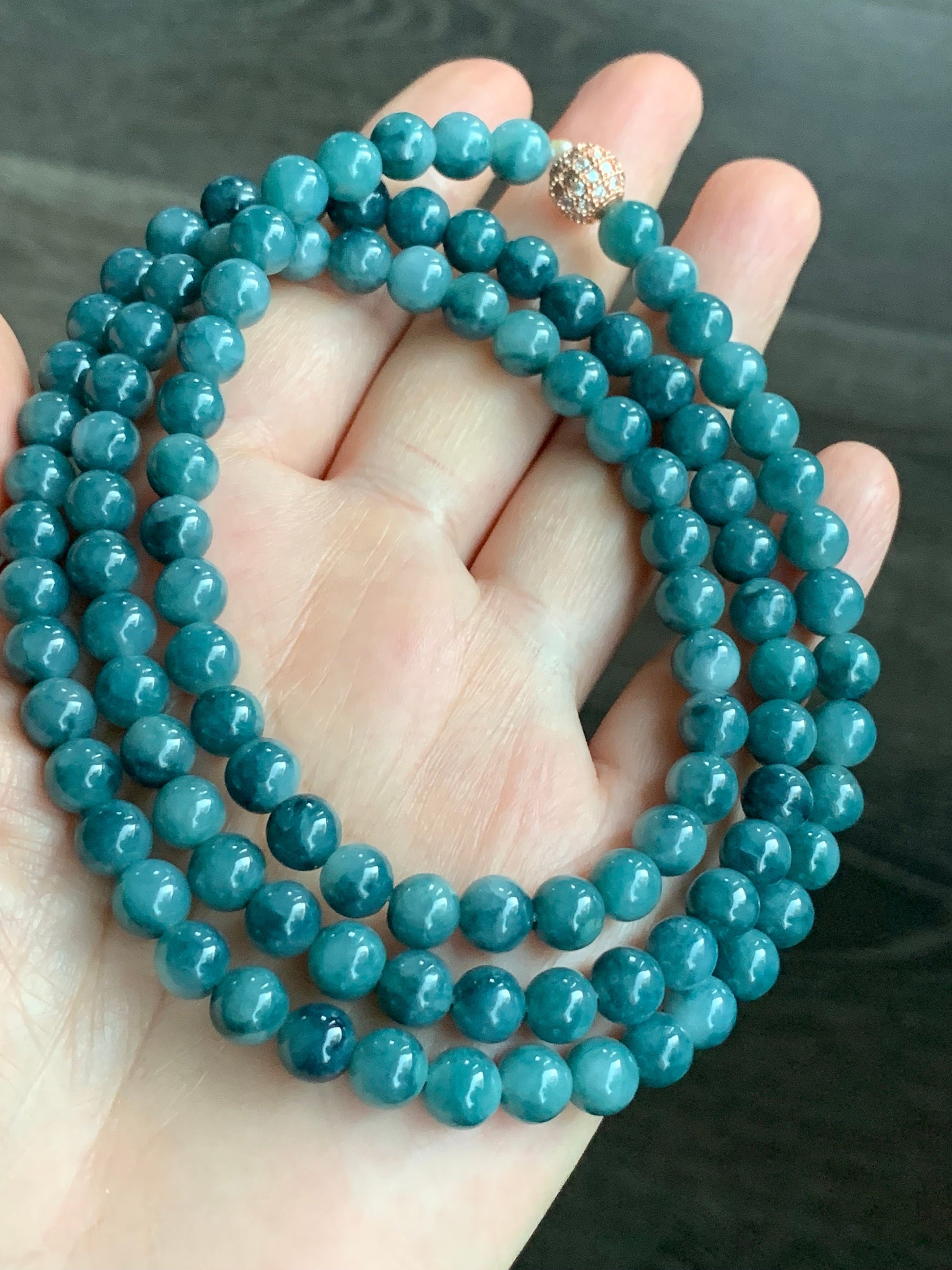 Rare Natural Burmese Icy Translucent Rich Indigo Blue Jadeite Beaded Necklace 6.6mm 28” 天然缅甸牛仔蓝翡翠长串项链
