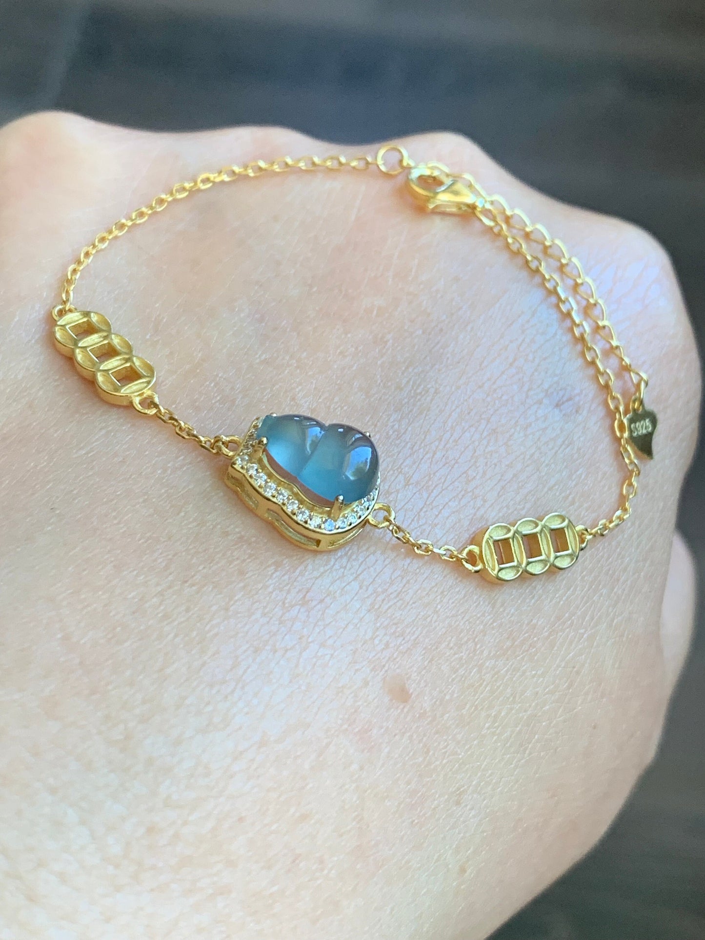 Natural Guatemalan Icy Highly Translucent Light Dusty Blue Jadeite Gourd Hulu Bracelet Sterling Silver Adjustable 6”-7.25” 天然冰危蓝翡翠葫芦银镶手链
