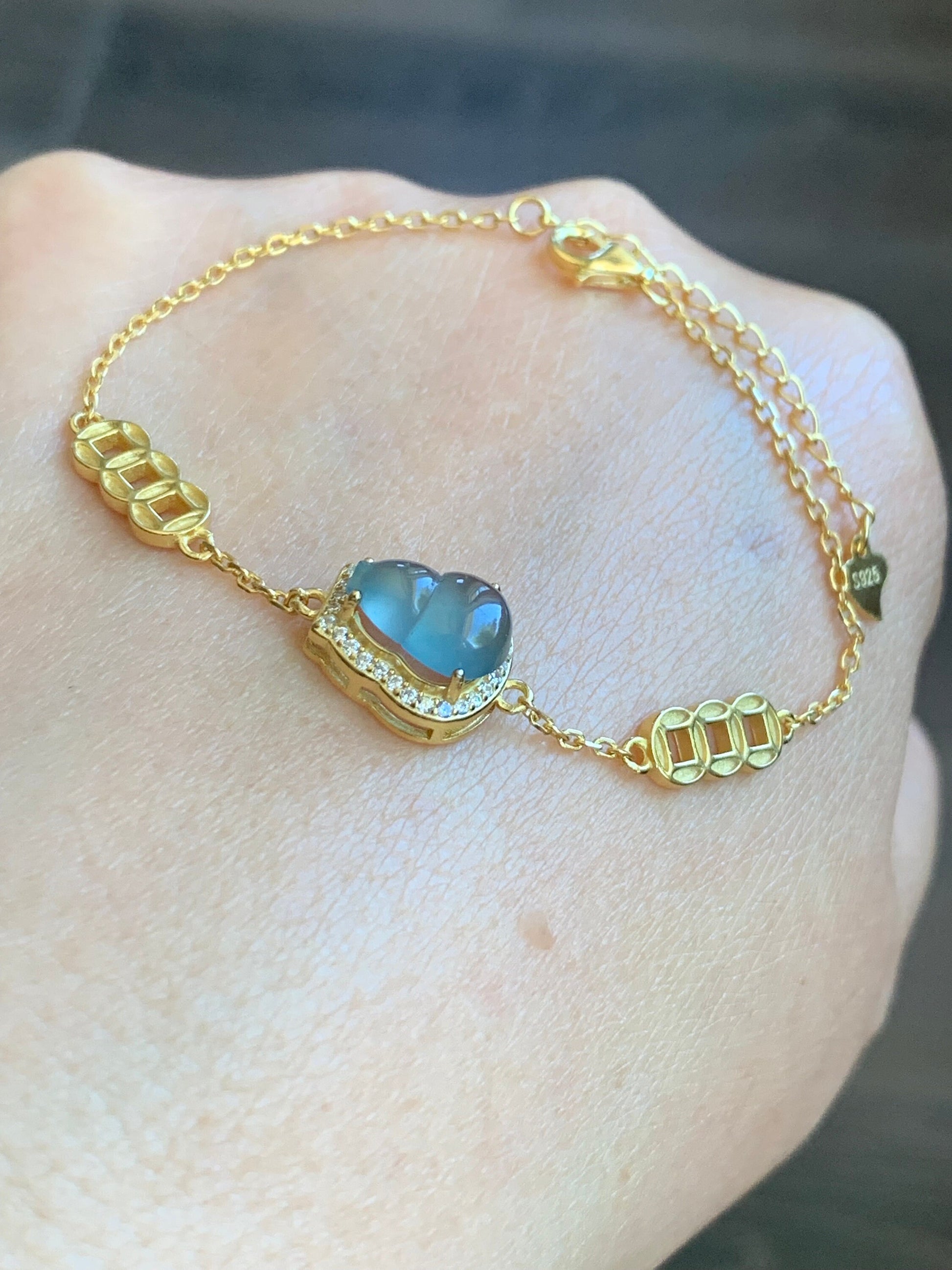 Natural Guatemalan Icy Highly Translucent Light Dusty Blue Jadeite Gourd Hulu Bracelet Sterling Silver Adjustable 6”-7.25” 天然冰危蓝翡翠葫芦银镶手链