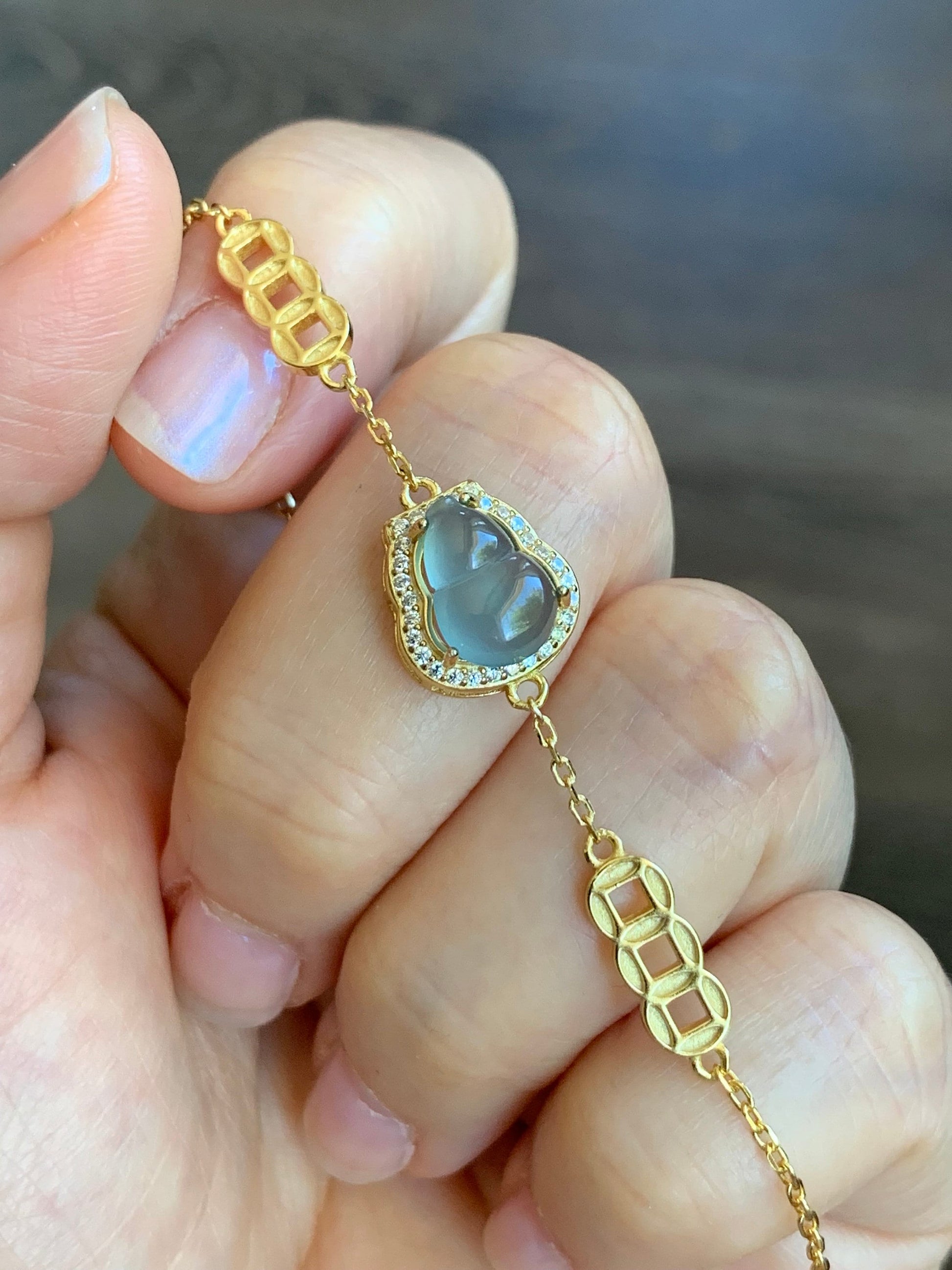 Natural Guatemalan Icy Highly Translucent Light Dusty Blue Jadeite Gourd Hulu Bracelet Sterling Silver Adjustable 6”-7.25” 天然冰危蓝翡翠葫芦银镶手链