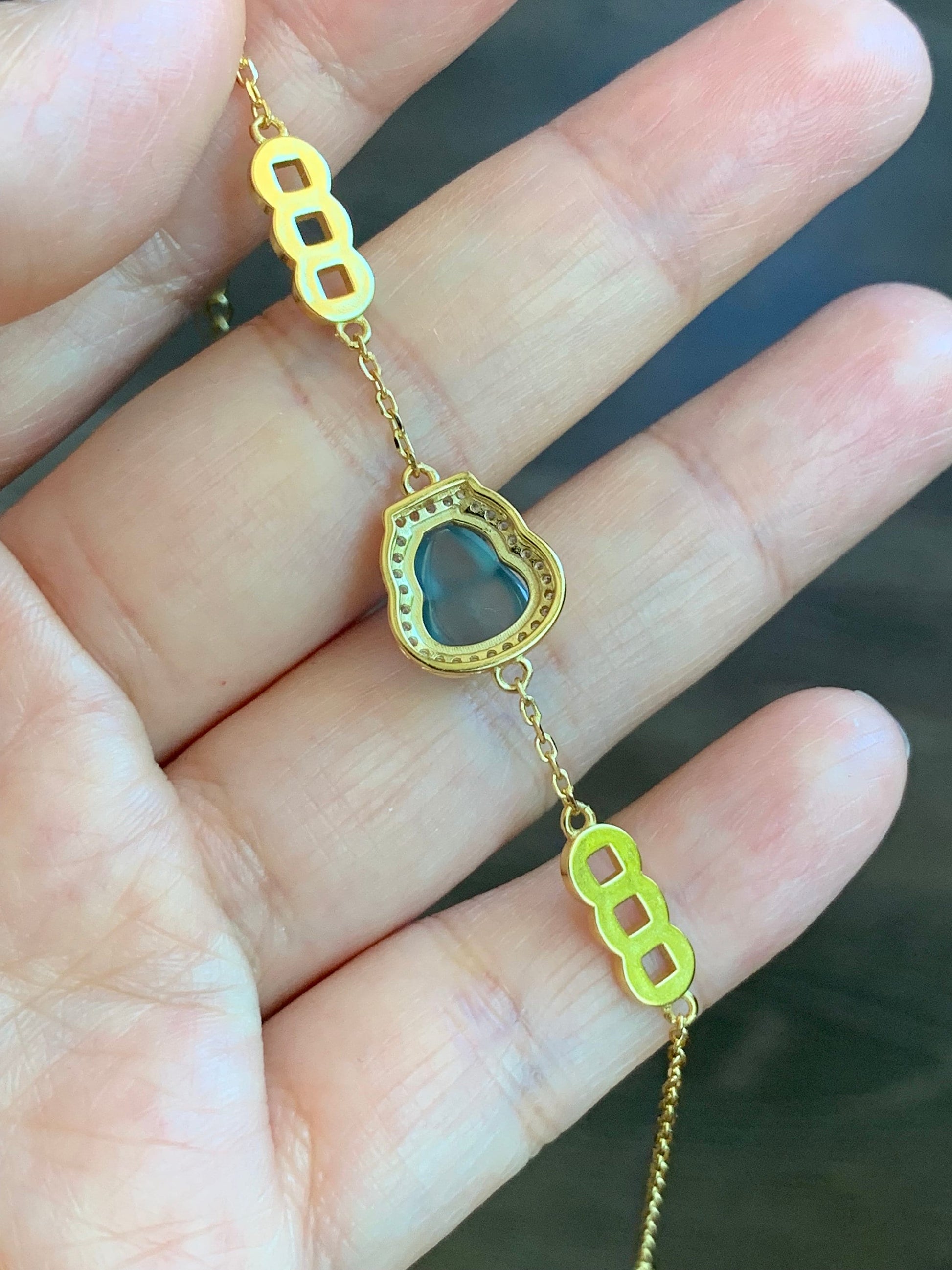 Natural Guatemalan Icy Highly Translucent Light Dusty Blue Jadeite Gourd Hulu Bracelet Sterling Silver Adjustable 6”-7.25” 天然冰危蓝翡翠葫芦银镶手链