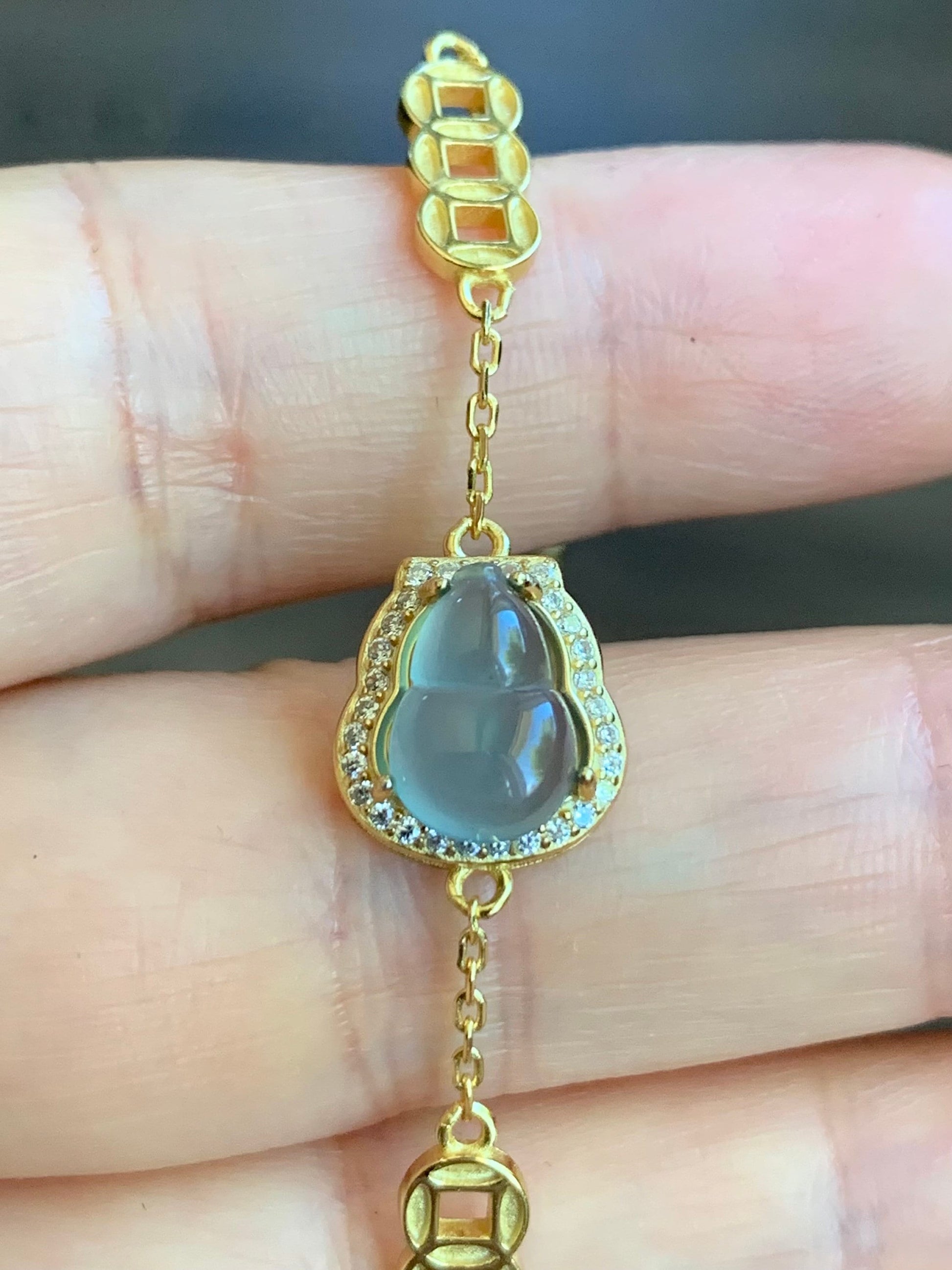 Natural Guatemalan Icy Highly Translucent Light Dusty Blue Jadeite Gourd Hulu Bracelet Sterling Silver Adjustable 6”-7.25” 天然冰危蓝翡翠葫芦银镶手链