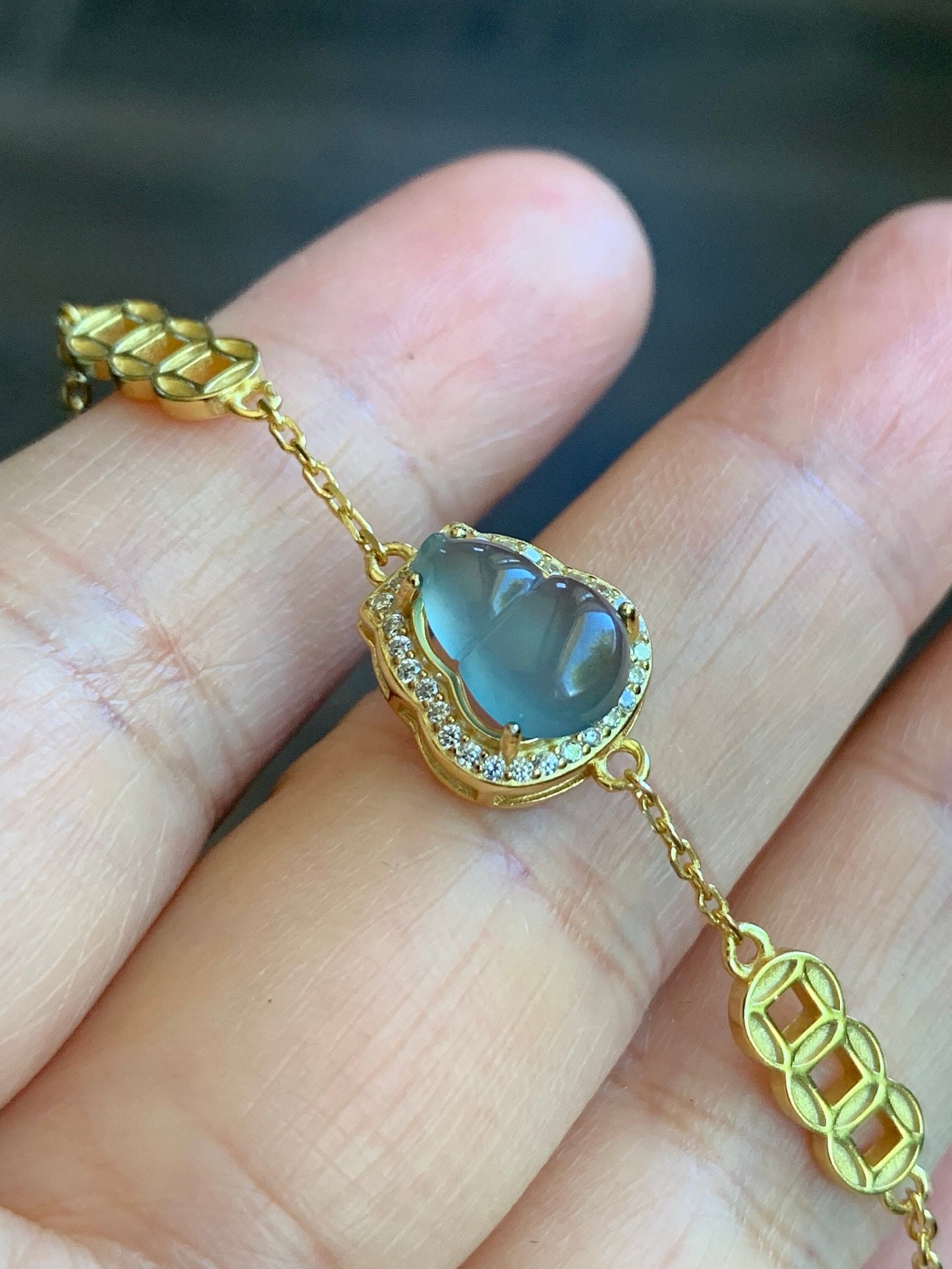 Natural Guatemalan Icy Highly Translucent Light Dusty Blue Jadeite Gourd Hulu Bracelet Sterling Silver Adjustable 6”-7.25” 天然冰危蓝翡翠葫芦银镶手链