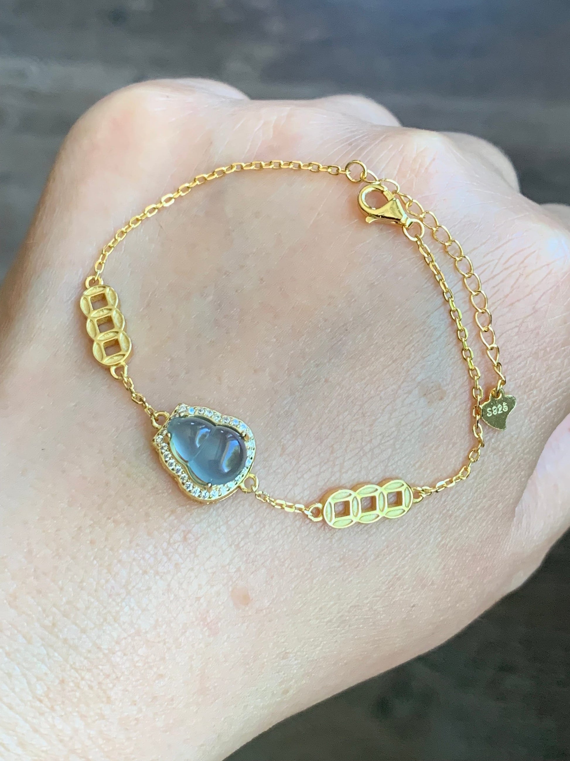 Natural Guatemalan Icy Highly Translucent Light Dusty Blue Jadeite Gourd Hulu Bracelet Sterling Silver Adjustable 6”-7.25” 天然冰危蓝翡翠葫芦银镶手链