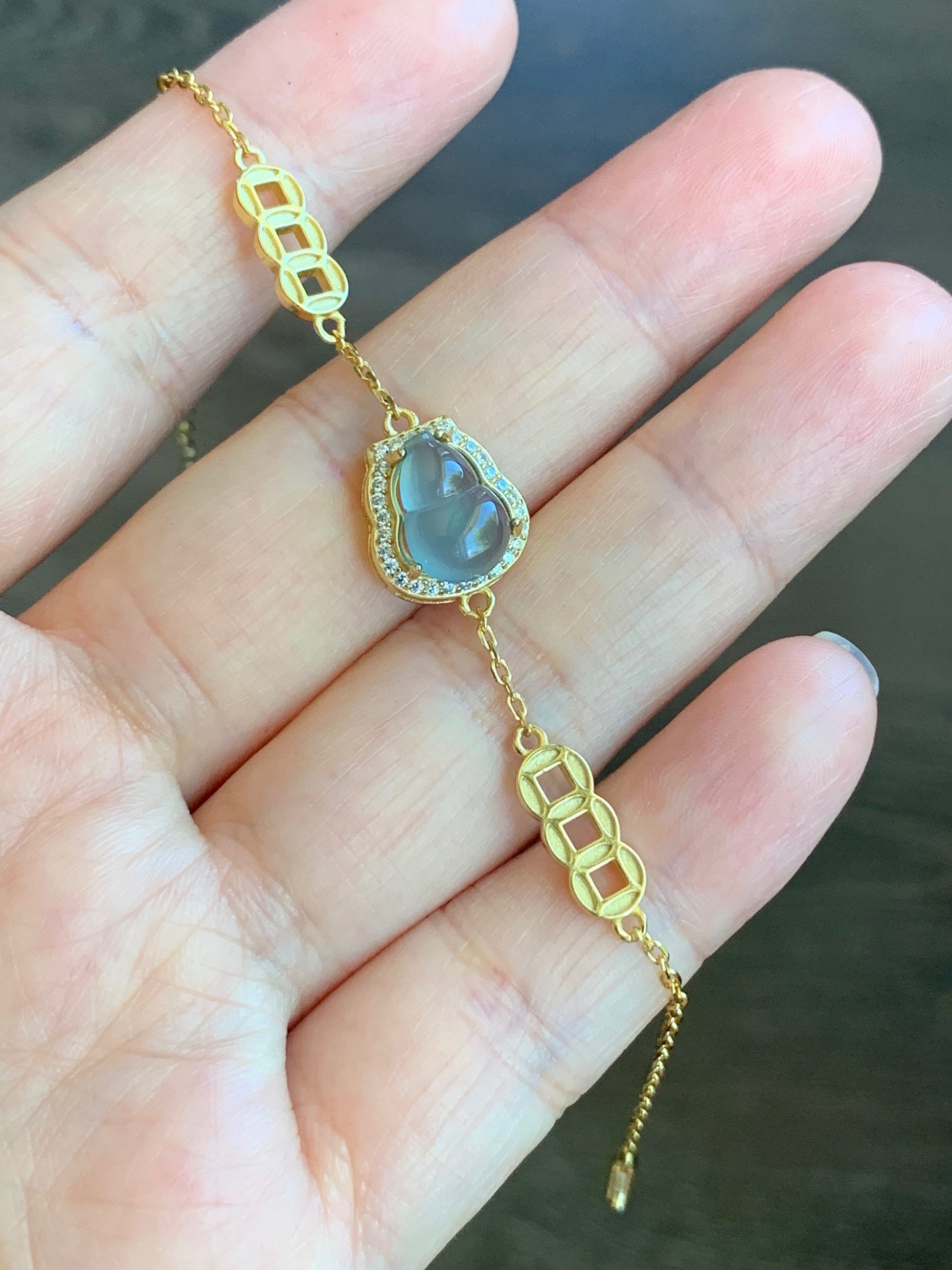 Natural Guatemalan Icy Highly Translucent Light Dusty Blue Jadeite Gourd Hulu Bracelet Sterling Silver Adjustable 6”-7.25” 天然冰危蓝翡翠葫芦银镶手链