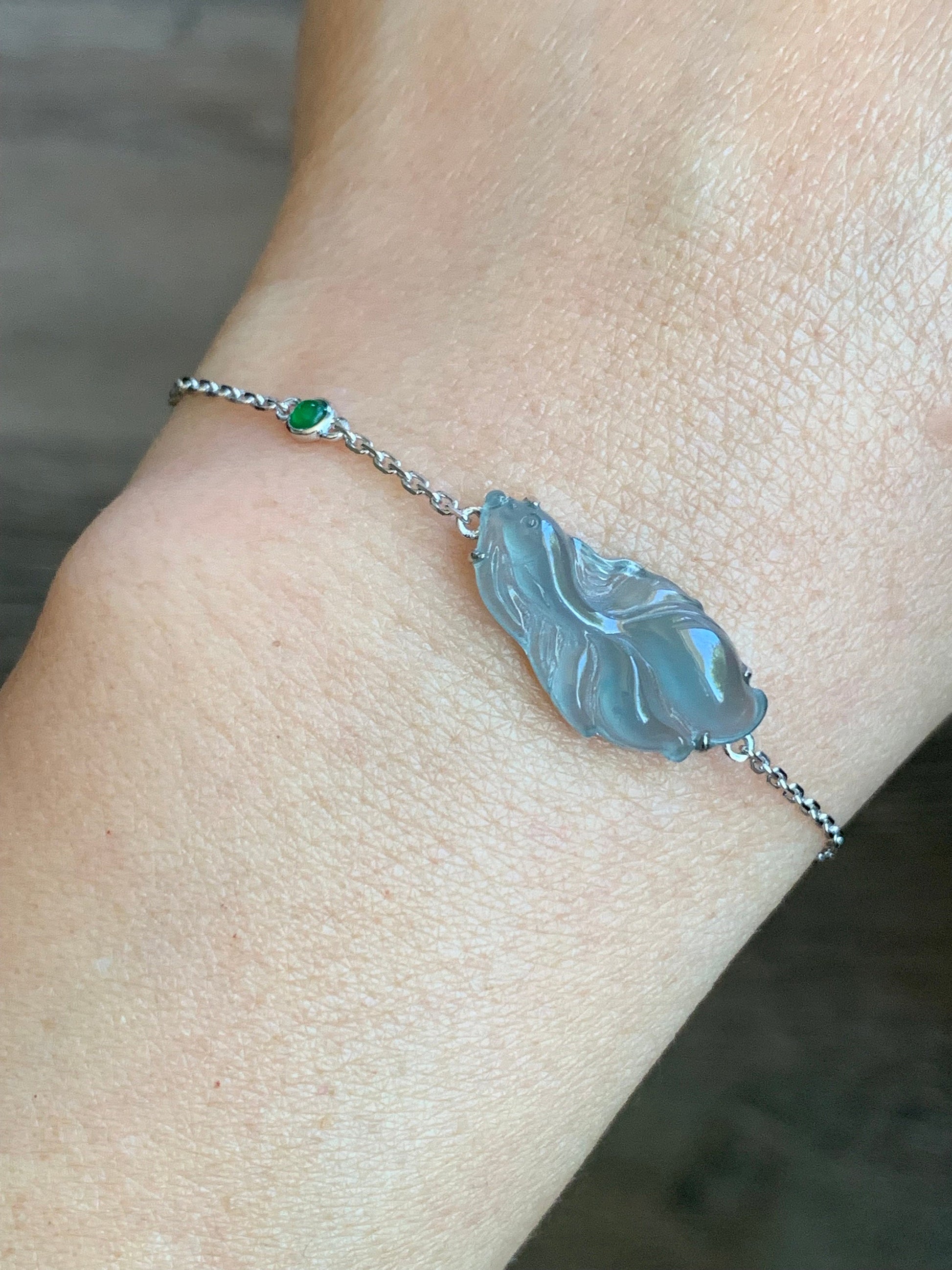 Certified Natural Guatemalan Icy Highly Translucent Dusty Blue Jadeite Betta Fish Bracelet 18K White Gold 6.25”-7.25” 天然冰危蓝绿翡翠斗鱼金镶手链 343