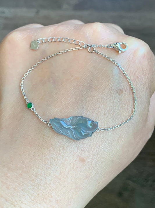 Certified Natural Guatemalan Icy Highly Translucent Dusty Blue Jadeite Betta Fish Bracelet 18K White Gold 6.25”-7.25” 天然冰危蓝绿翡翠斗鱼金镶手链 343