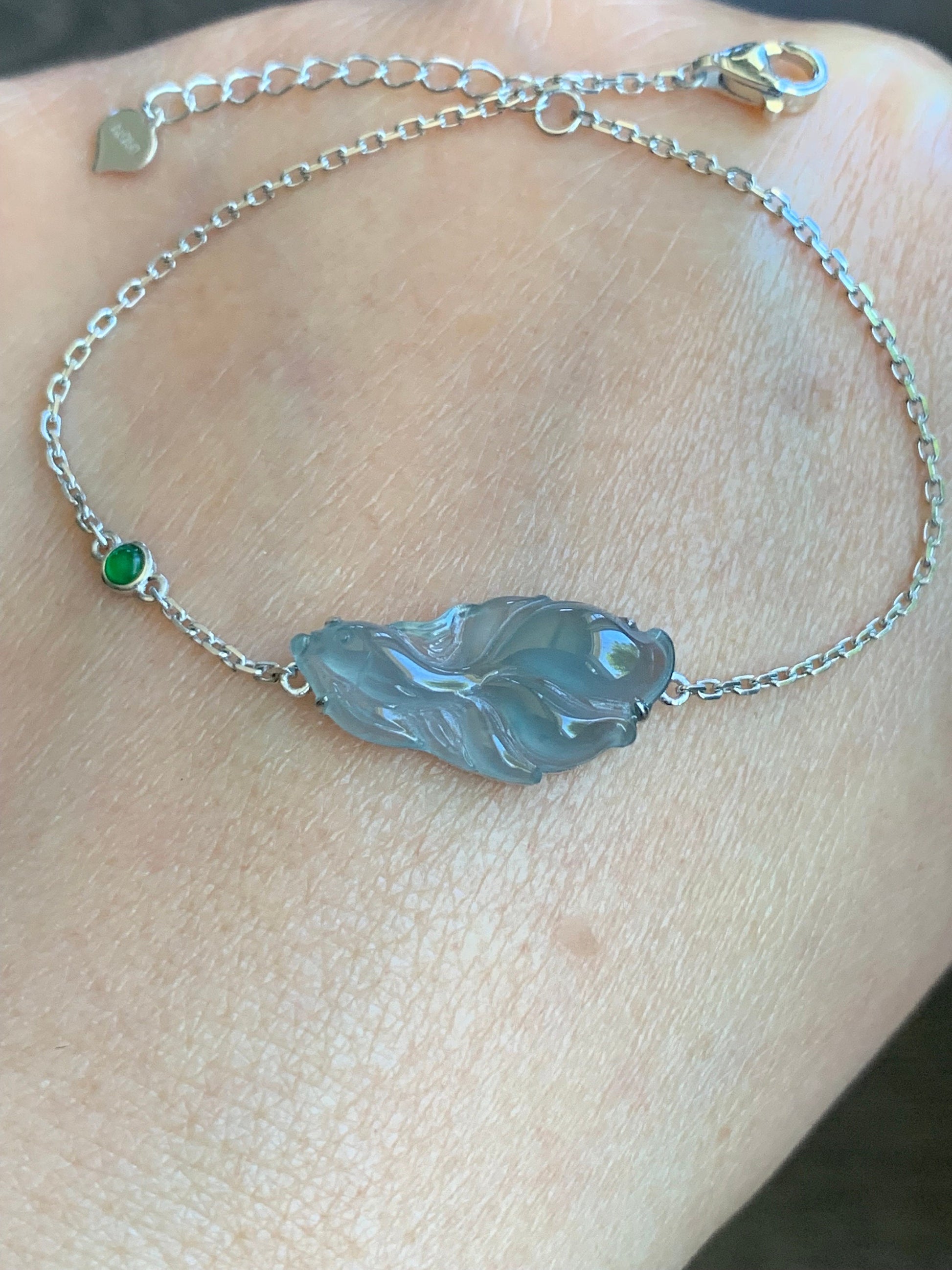 Certified Natural Guatemalan Icy Highly Translucent Dusty Blue Jadeite Betta Fish Bracelet 18K White Gold 6.25”-7.25” 天然冰危蓝绿翡翠斗鱼金镶手链 343