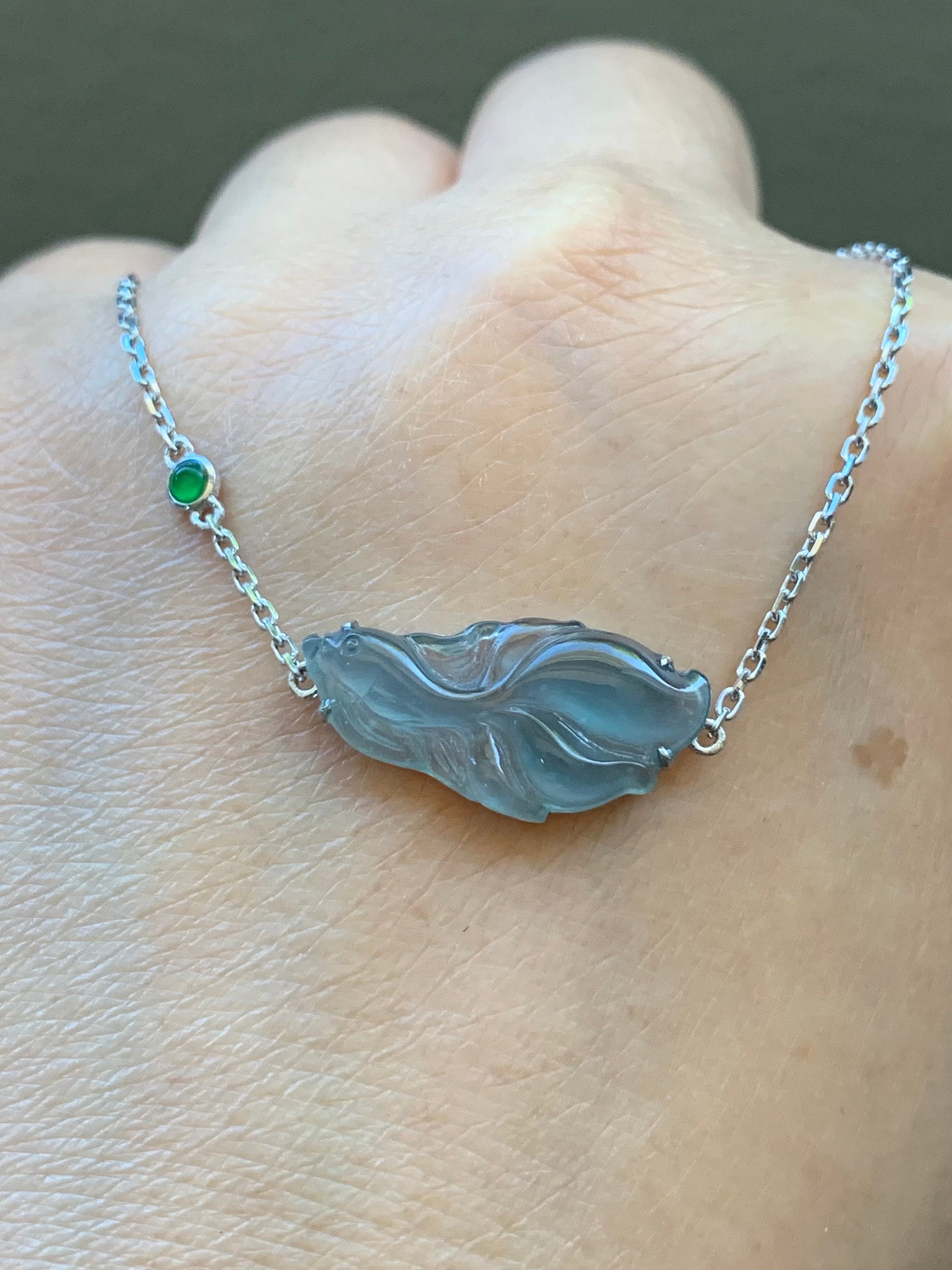 Certified Natural Guatemalan Icy Highly Translucent Dusty Blue Jadeite Betta Fish Bracelet 18K White Gold 6.25”-7.25” 天然冰危蓝绿翡翠斗鱼金镶手链 343