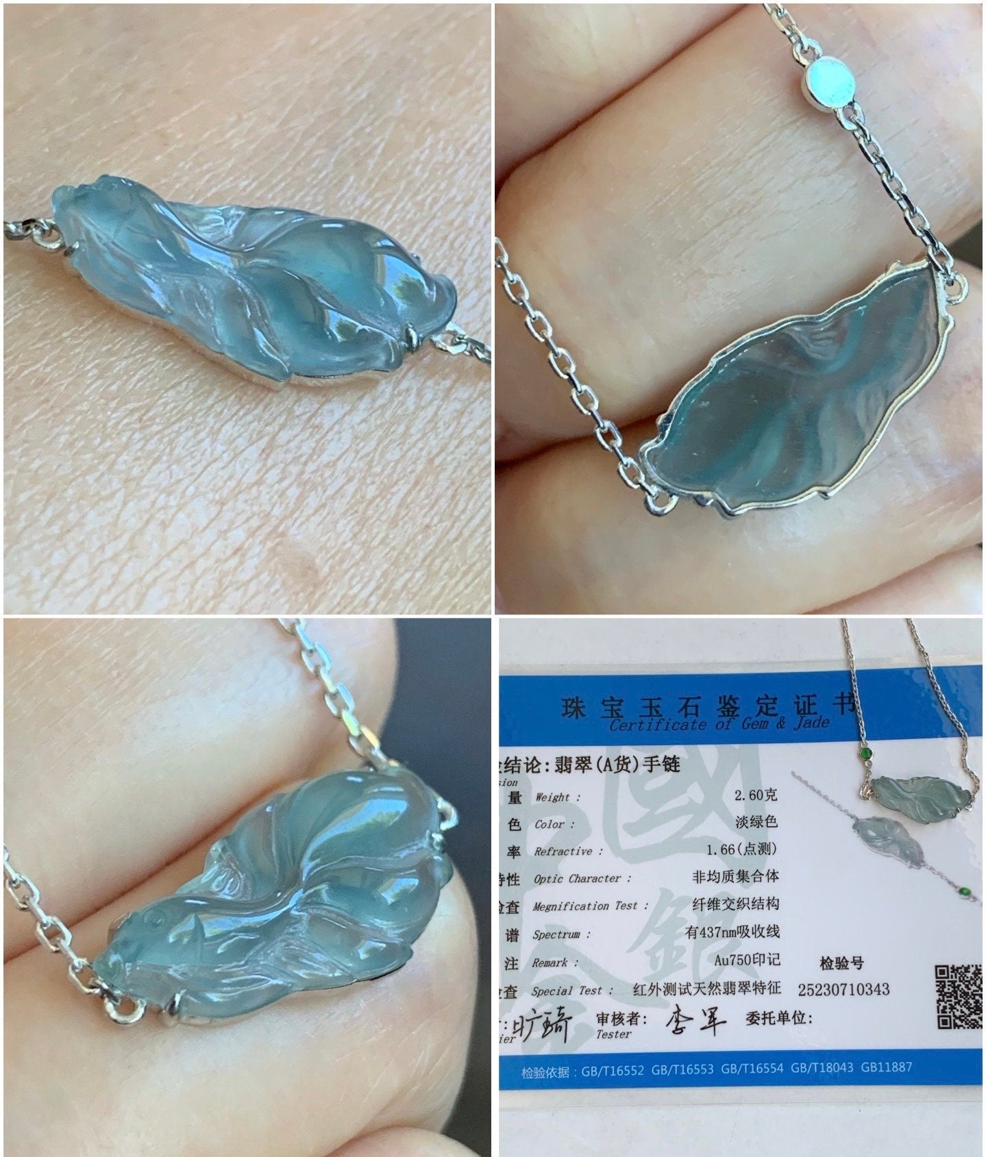 Certified Natural Guatemalan Icy Highly Translucent Dusty Blue Jadeite Betta Fish Bracelet 18K White Gold 6.25”-7.25” 天然冰危蓝绿翡翠斗鱼金镶手链 343