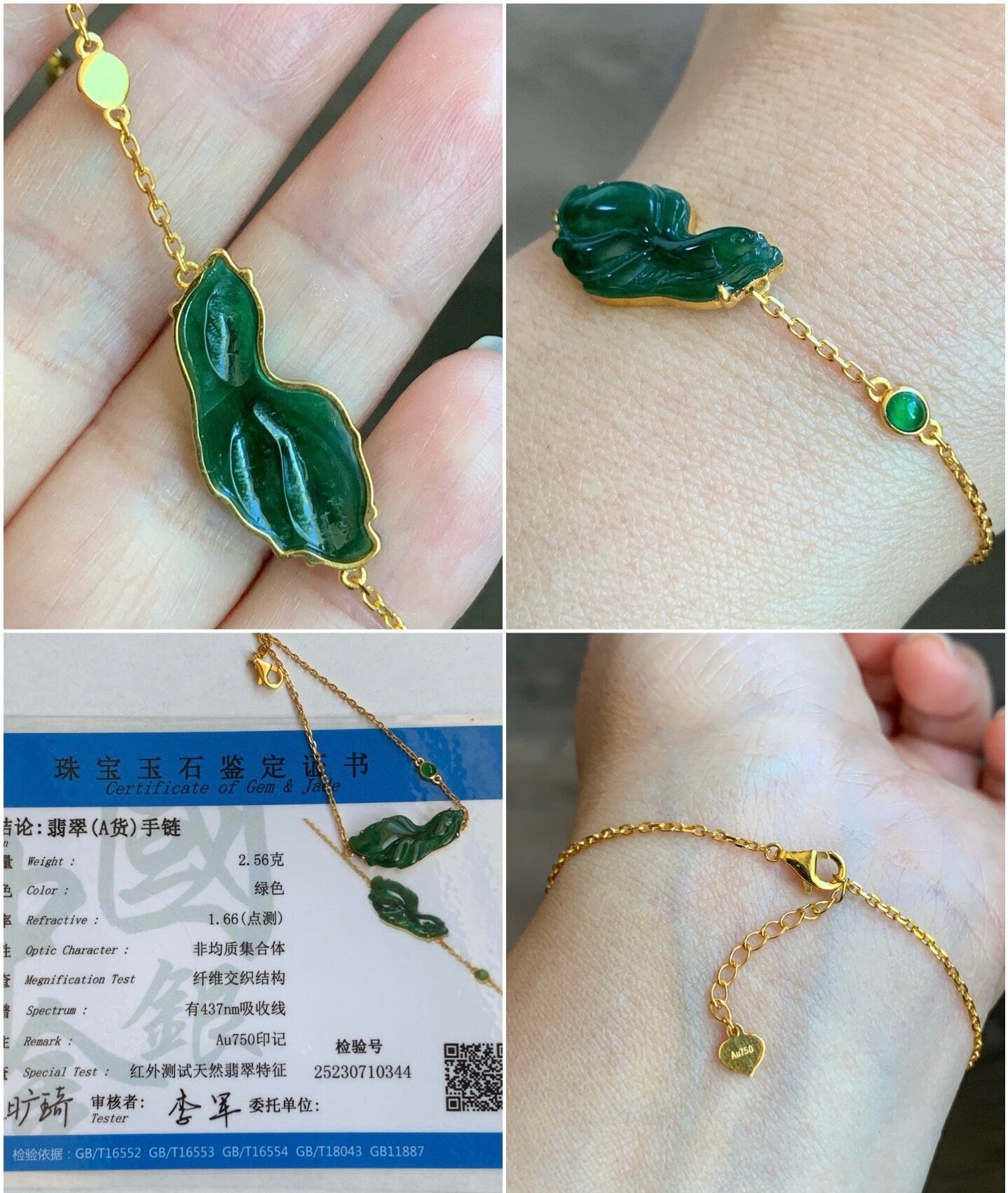 Certified Natural Guatemalan Icy Highly Translucent Rich Green Jadeite Betta Fish Bracelet 18K Yellow Gold 6.25”-7.25” 天然冰危绿翡翠斗鱼金镶手链 344