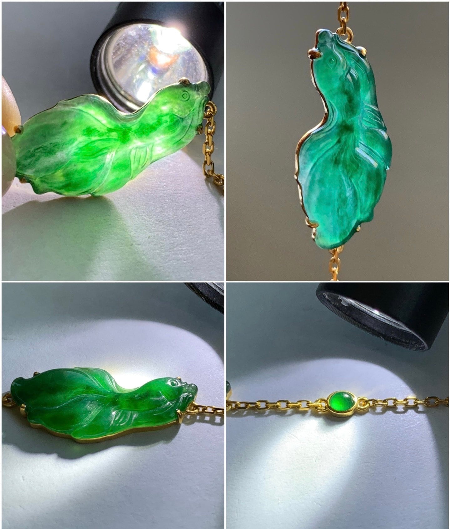 Certified Natural Guatemalan Icy Highly Translucent Rich Green Jadeite Betta Fish Bracelet 18K Yellow Gold 6.25”-7.25” 天然冰危绿翡翠斗鱼金镶手链 344