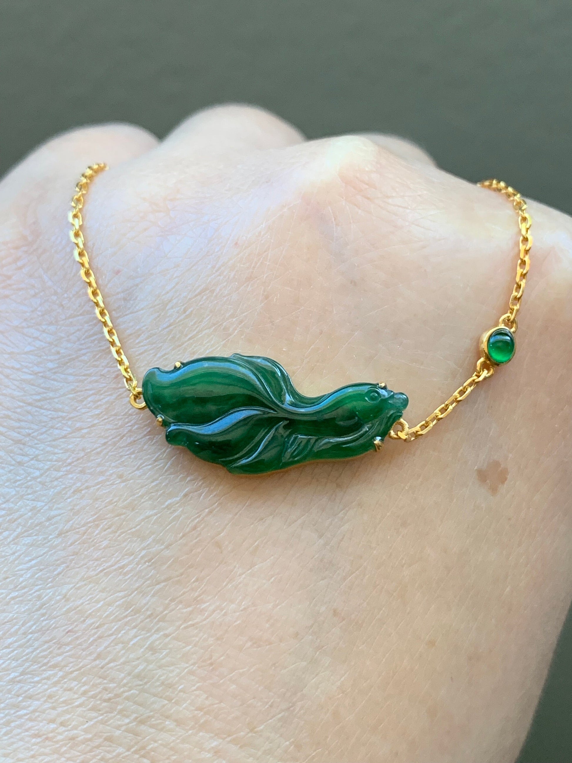 Certified Natural Guatemalan Icy Highly Translucent Rich Green Jadeite Betta Fish Bracelet 18K Yellow Gold 6.25”-7.25” 天然冰危绿翡翠斗鱼金镶手链 344