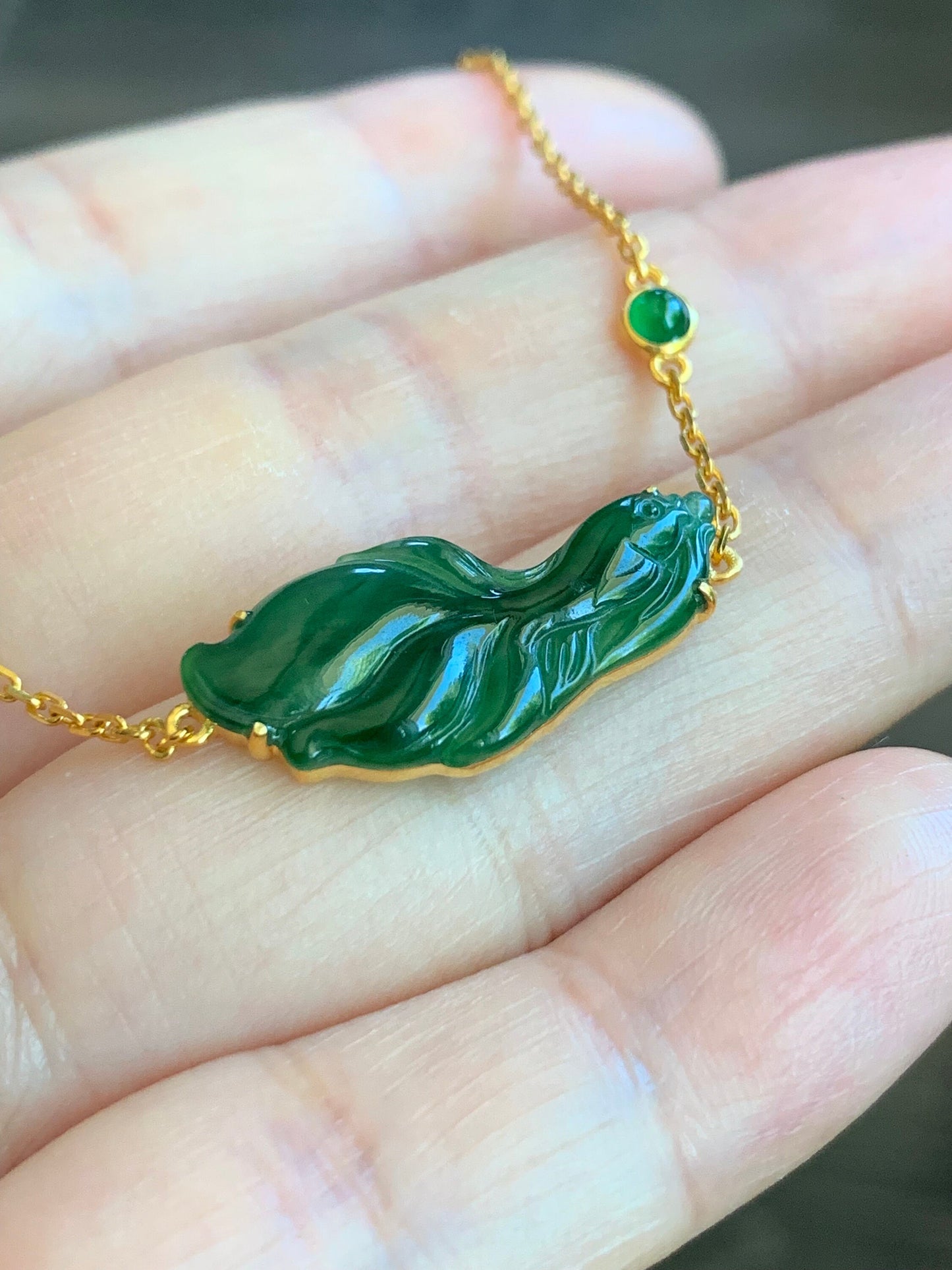 Certified Natural Guatemalan Icy Highly Translucent Rich Green Jadeite Betta Fish Bracelet 18K Yellow Gold 6.25”-7.25” 天然冰危绿翡翠斗鱼金镶手链 344
