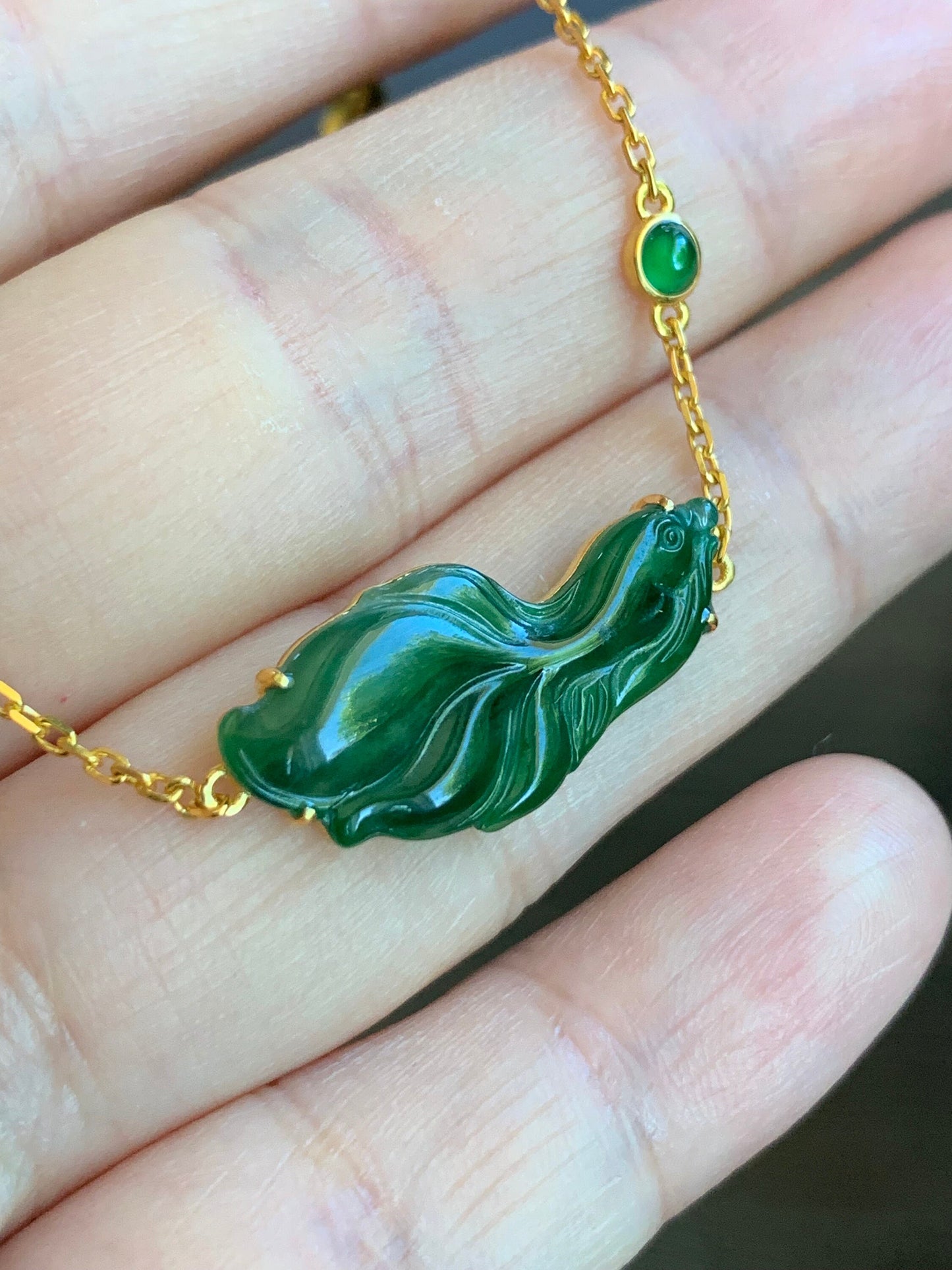 Certified Natural Guatemalan Icy Highly Translucent Rich Green Jadeite Betta Fish Bracelet 18K Yellow Gold 6.25”-7.25” 天然冰危绿翡翠斗鱼金镶手链 344
