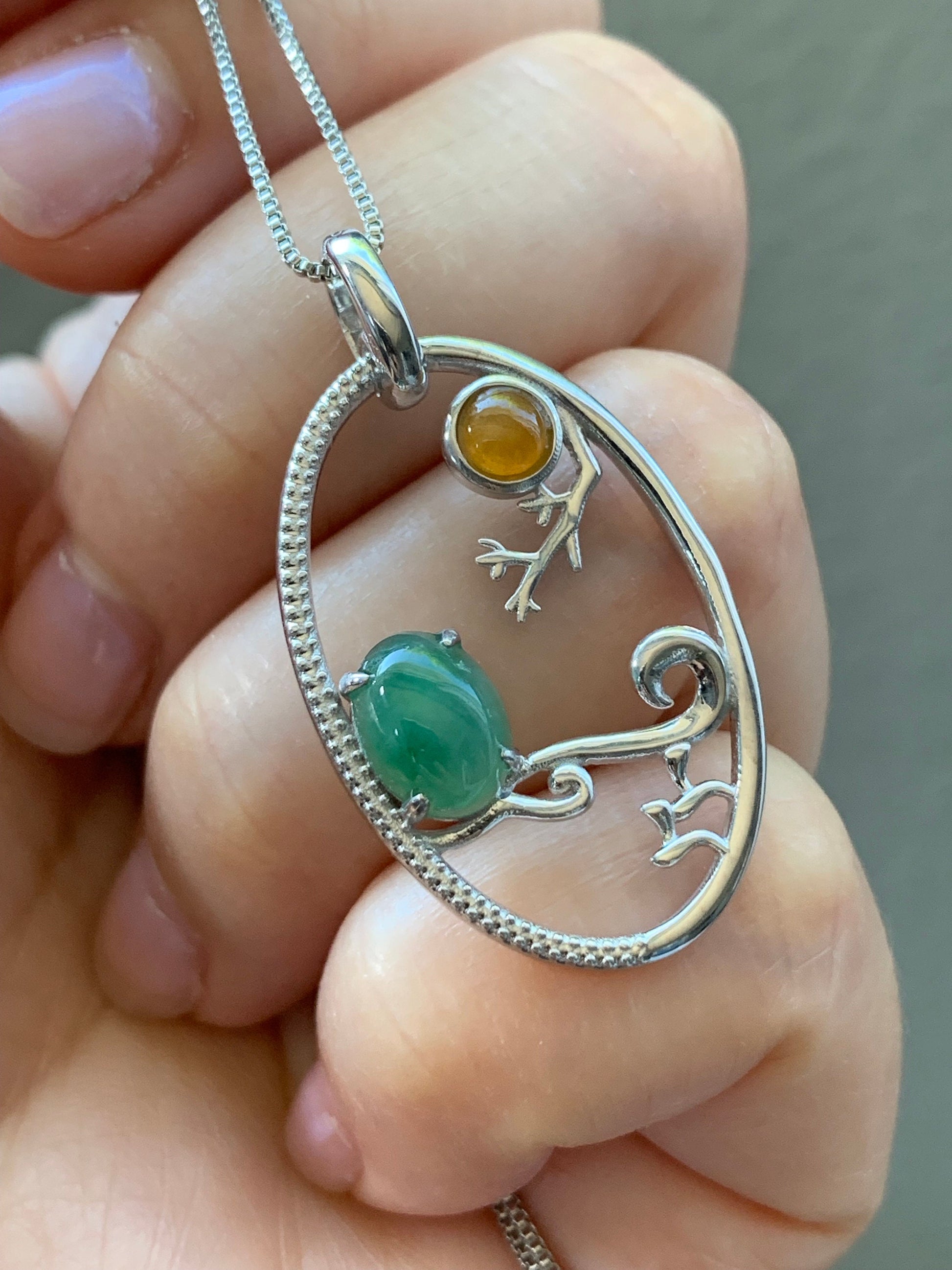 Certified Natural Burmese Icy Green & Yellow Jadeite Pendant S925 Sterling Silver 天然缅甸冰绿加黄翡翠镶嵌吊坠 358