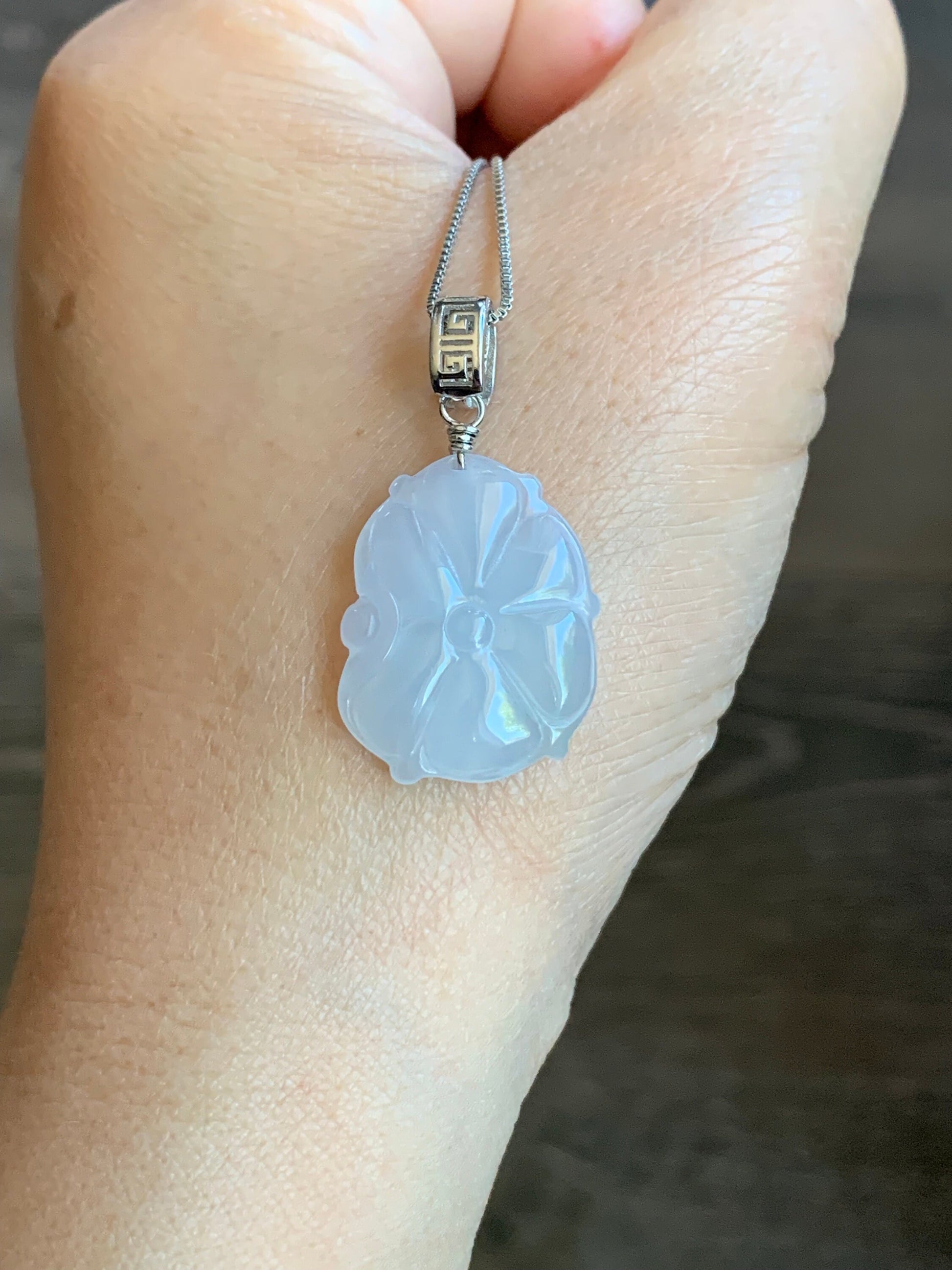 Natural Burmese Icy Translucent Gelatinous White Jadeite Carved Lotus Leaf Lily Pad Pendant S925 Sterling Silver 天然缅甸白冰胶翡翠荷叶吊坠