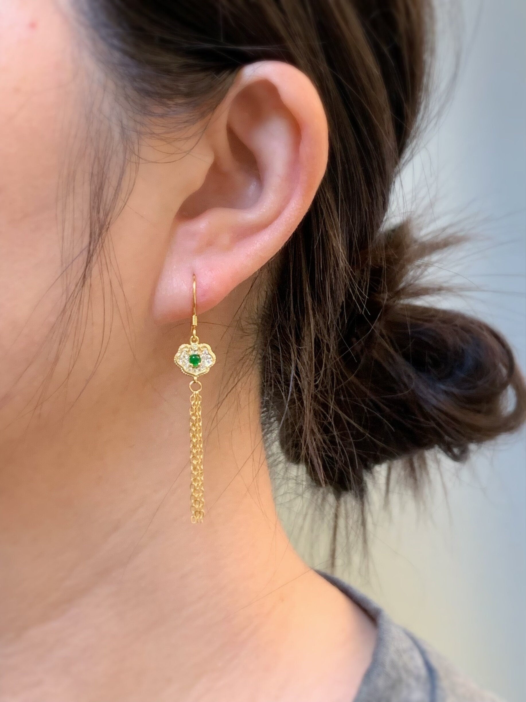Natural Guatemalan Icy Highly Translucent Vibrant Green Jadeite Ruyi Dangle Earrings S925 Sterling Silver Gold Finish 天然冰危绿翡翠如意流苏款耳钩