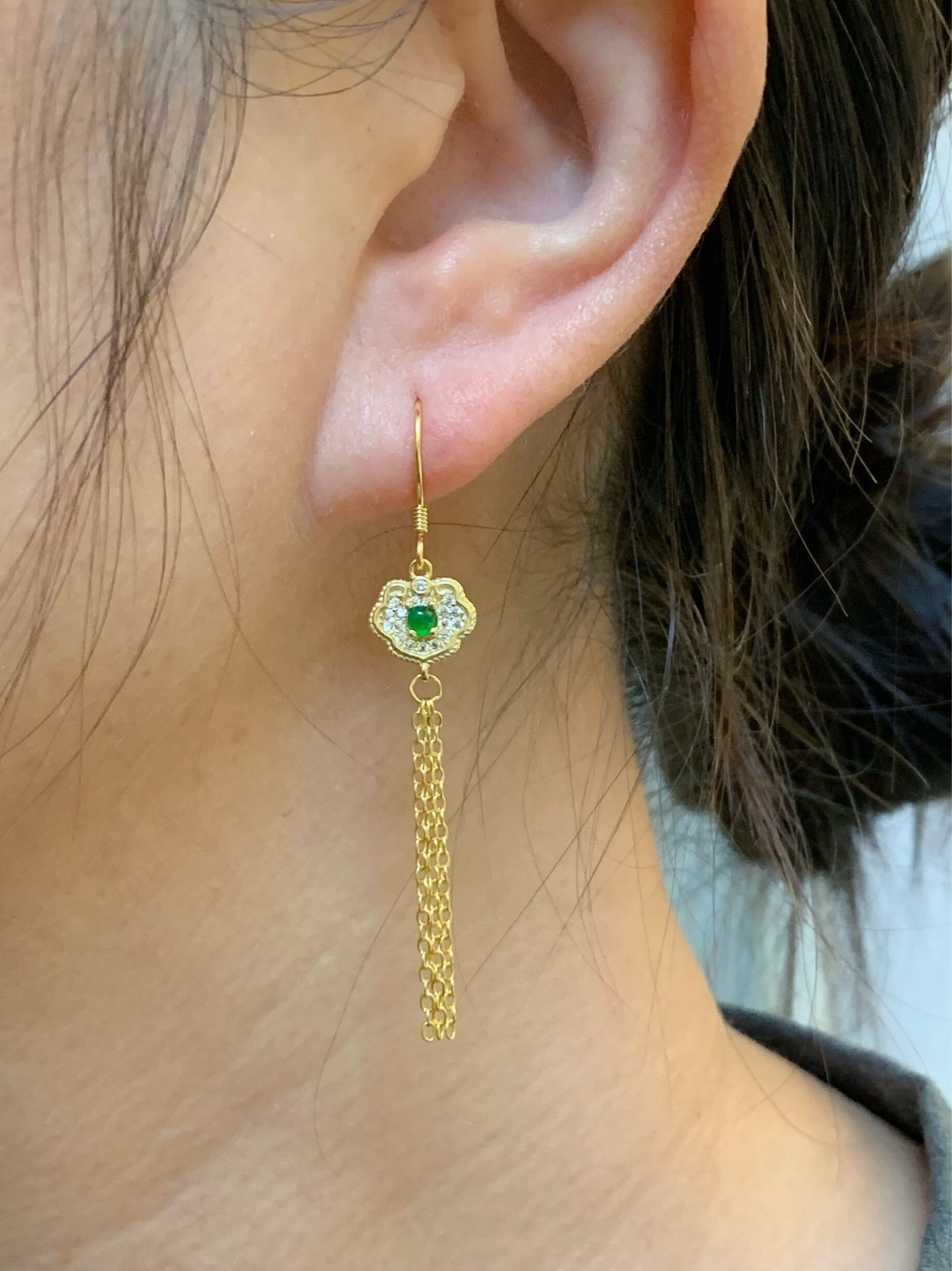 Natural Guatemalan Icy Highly Translucent Vibrant Green Jadeite Ruyi Dangle Earrings S925 Sterling Silver Gold Finish 天然冰危绿翡翠如意流苏款耳钩