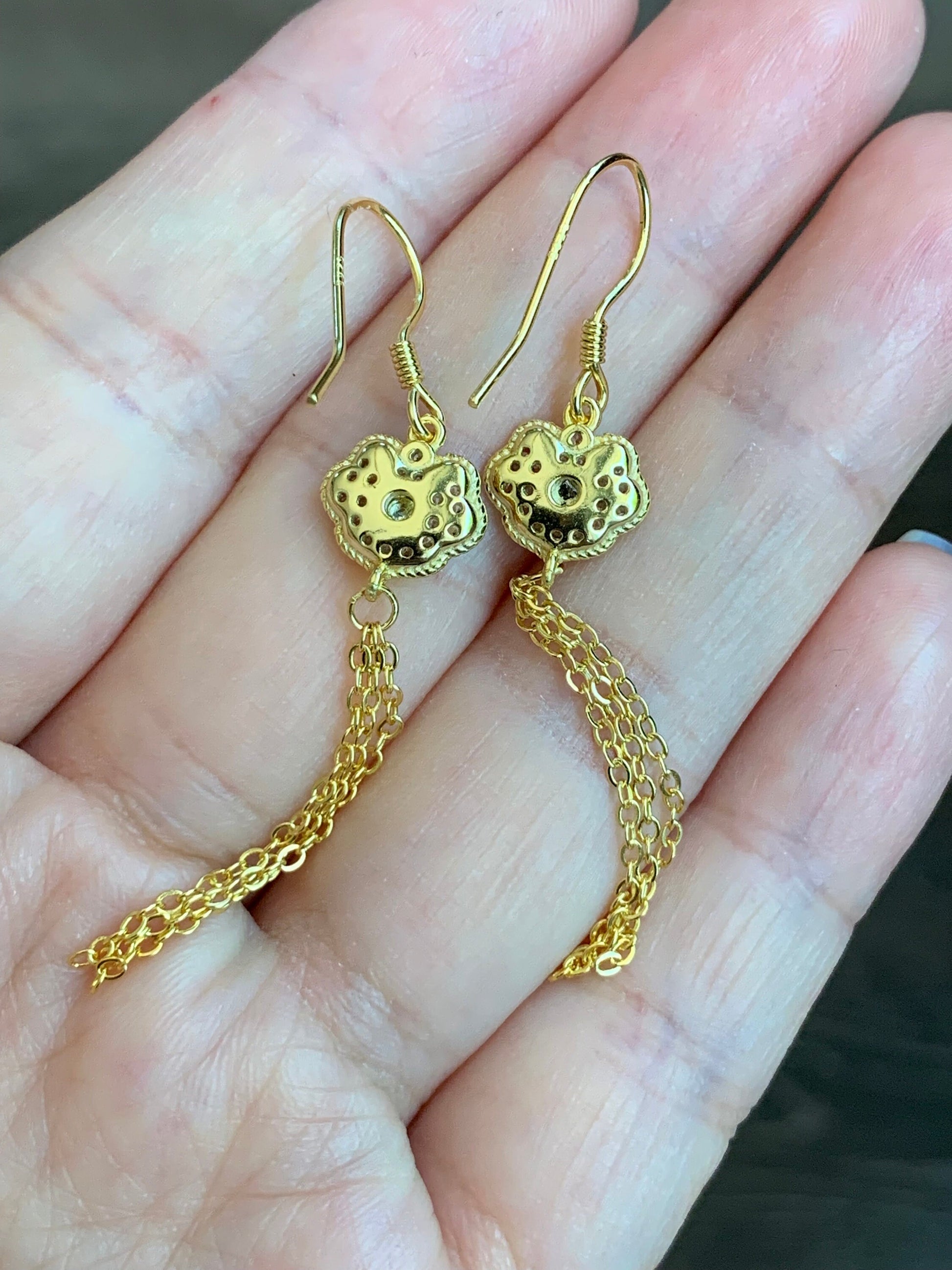 Natural Guatemalan Icy Highly Translucent Vibrant Green Jadeite Ruyi Dangle Earrings S925 Sterling Silver Gold Finish 天然冰危绿翡翠如意流苏款耳钩
