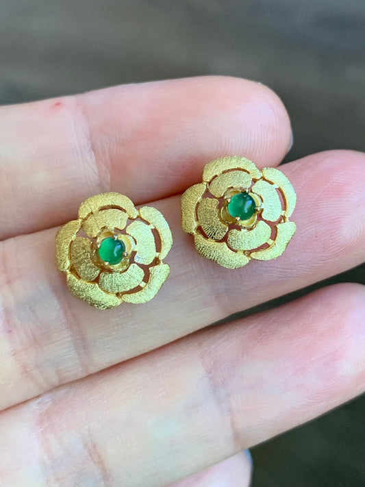 Natural Guatemalan Premium Icy Highly Translucent Vibrant Green Jadeite Rose Stud Earrings Sterling Silver Gold Satin Finish 天然高冰危绿翡翠玫瑰银镶耳钉