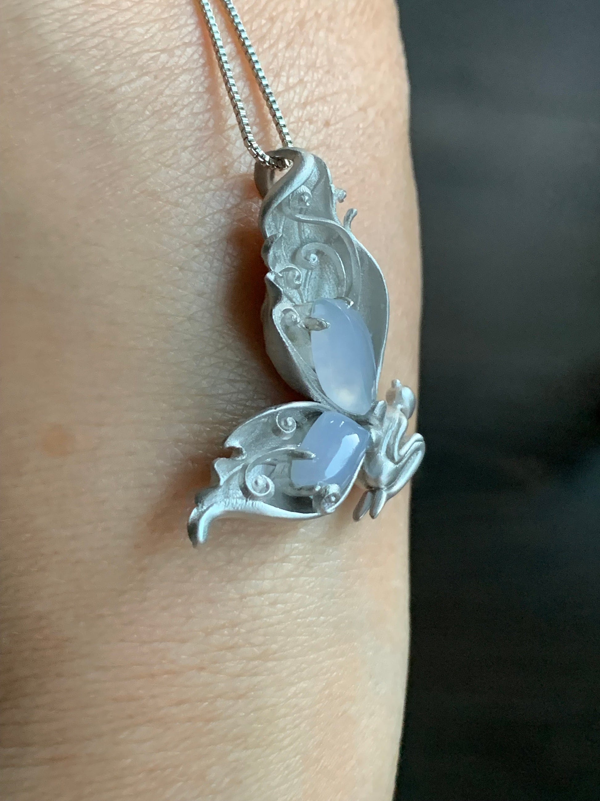 Certified Natural Burmese Icy Translucent Light Lavender Jadeite Butterfly Fairy Custom Design Pendant Sterling Silver 天然缅甸冰淡紫翡翠蝴蝶仙子镶嵌吊坠