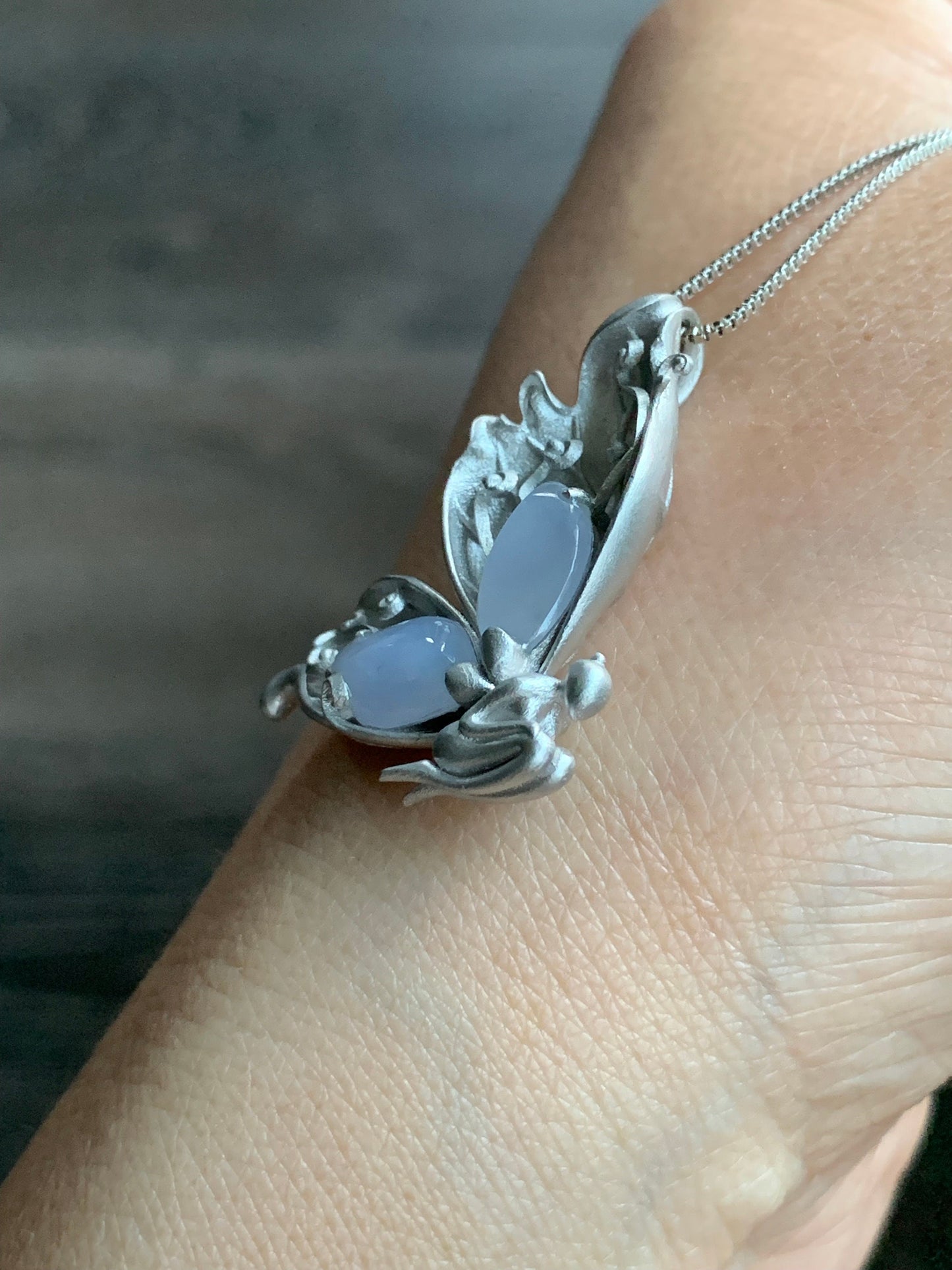 Certified Natural Burmese Icy Translucent Light Lavender Jadeite Butterfly Fairy Custom Design Pendant Sterling Silver 天然缅甸冰淡紫翡翠蝴蝶仙子镶嵌吊坠