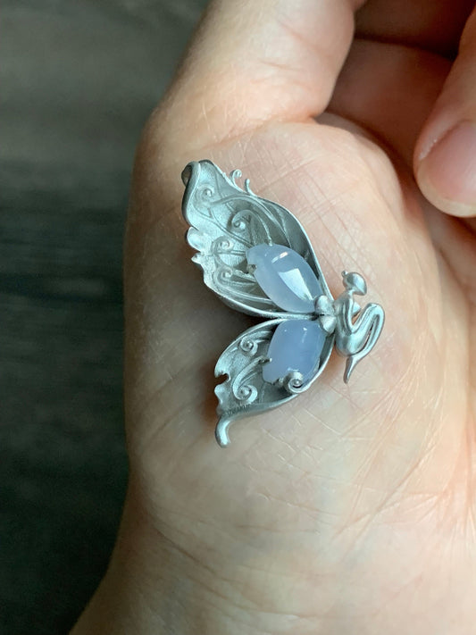 Certified Natural Burmese Icy Translucent Light Lavender Jadeite Butterfly Fairy Custom Design Pendant Sterling Silver 天然缅甸冰淡紫翡翠蝴蝶仙子镶嵌吊坠