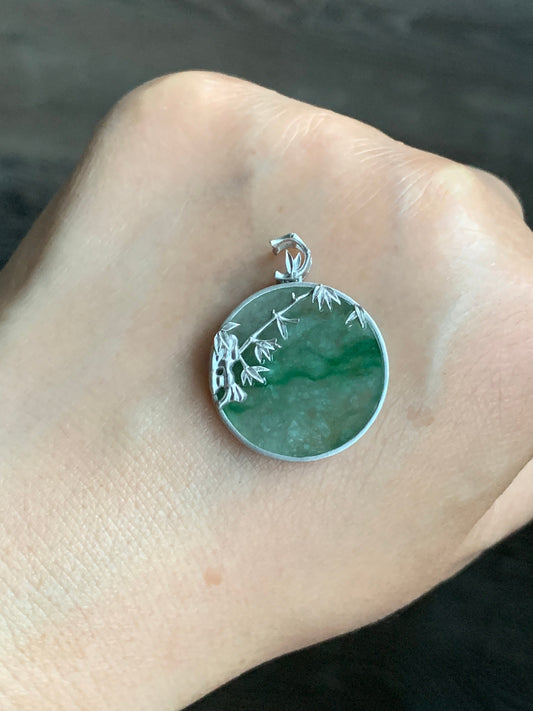 Certified Natural Burmese Moxisha Icy Green Marbled Jadeite Blessing Amulet Pendant w/ Bamboo Designs Sterling Silver 天然缅甸莫西沙飘绿花翡翠无事牌镶嵌吊坠