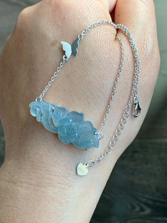 Certified Natural Guatemalan Icy Highly Translucent Light Blue Jadeite Lotus Flower Pendant Necklace Sterling Silver 17” 天然冰危淡蓝翡翠莲花锁骨链