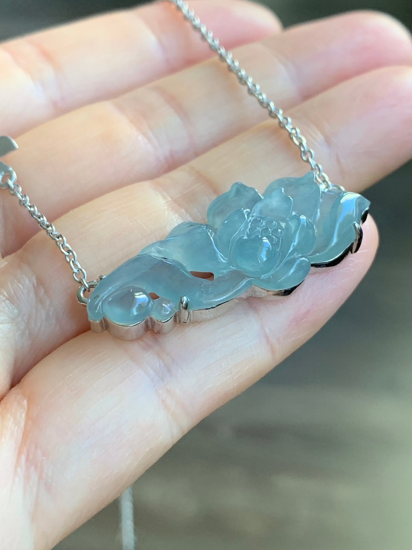 Certified Natural Guatemalan Icy Highly Translucent Light Blue Jadeite Lotus Flower Pendant Necklace Sterling Silver 17” 天然冰危淡蓝翡翠莲花锁骨链