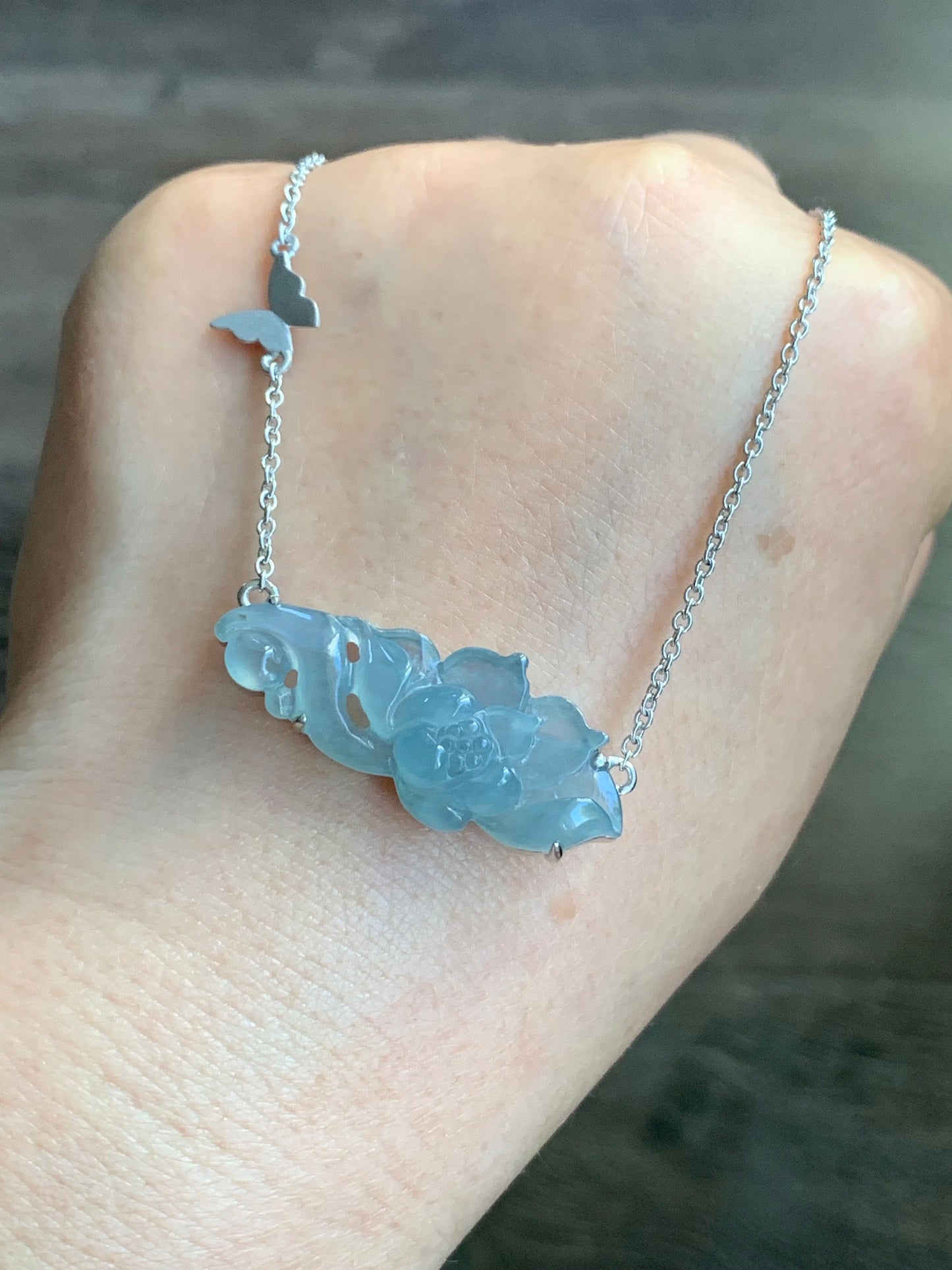 Certified Natural Guatemalan Icy Highly Translucent Light Blue Jadeite Lotus Flower Pendant Necklace Sterling Silver 17” 天然冰危淡蓝翡翠莲花锁骨链