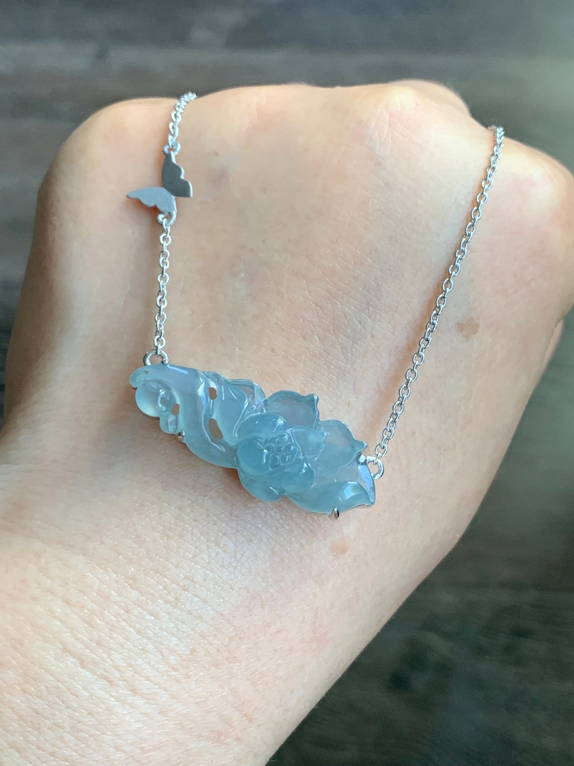 Certified Natural Guatemalan Icy Highly Translucent Light Blue Jadeite Lotus Flower Pendant Necklace Sterling Silver 17” 天然冰危淡蓝翡翠莲花锁骨链