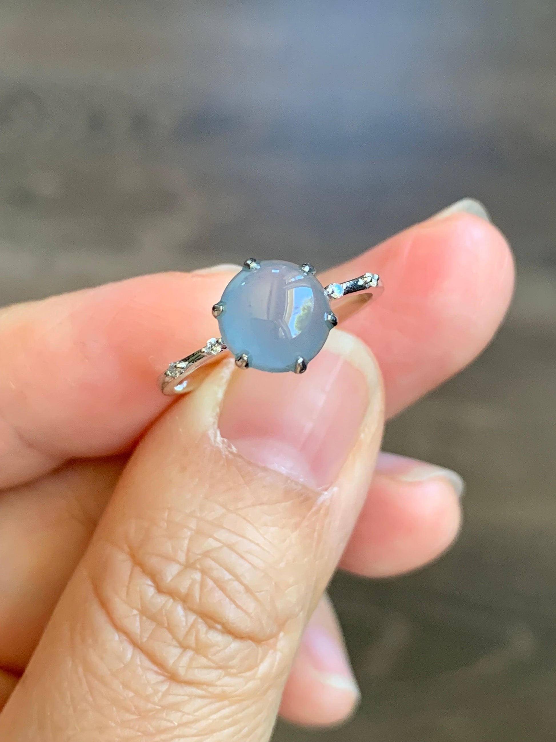 Certified Natural Guatemalan Premium Highly Translucent Icy Blue Jadeite Solitaire Ring 18K White Gold & Diamonds Size 7.25 天然正冰危蓝紫翡翠钻石镶嵌戒指