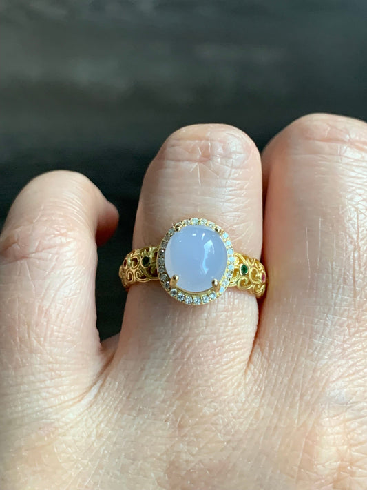 Natural Burmese Icy Translucent Gelatinous Light Purple Jadeite Ring S925 Sterling Silver Size Adjustable 天然缅甸冰淡紫翡翠银镶戒指 MZ100