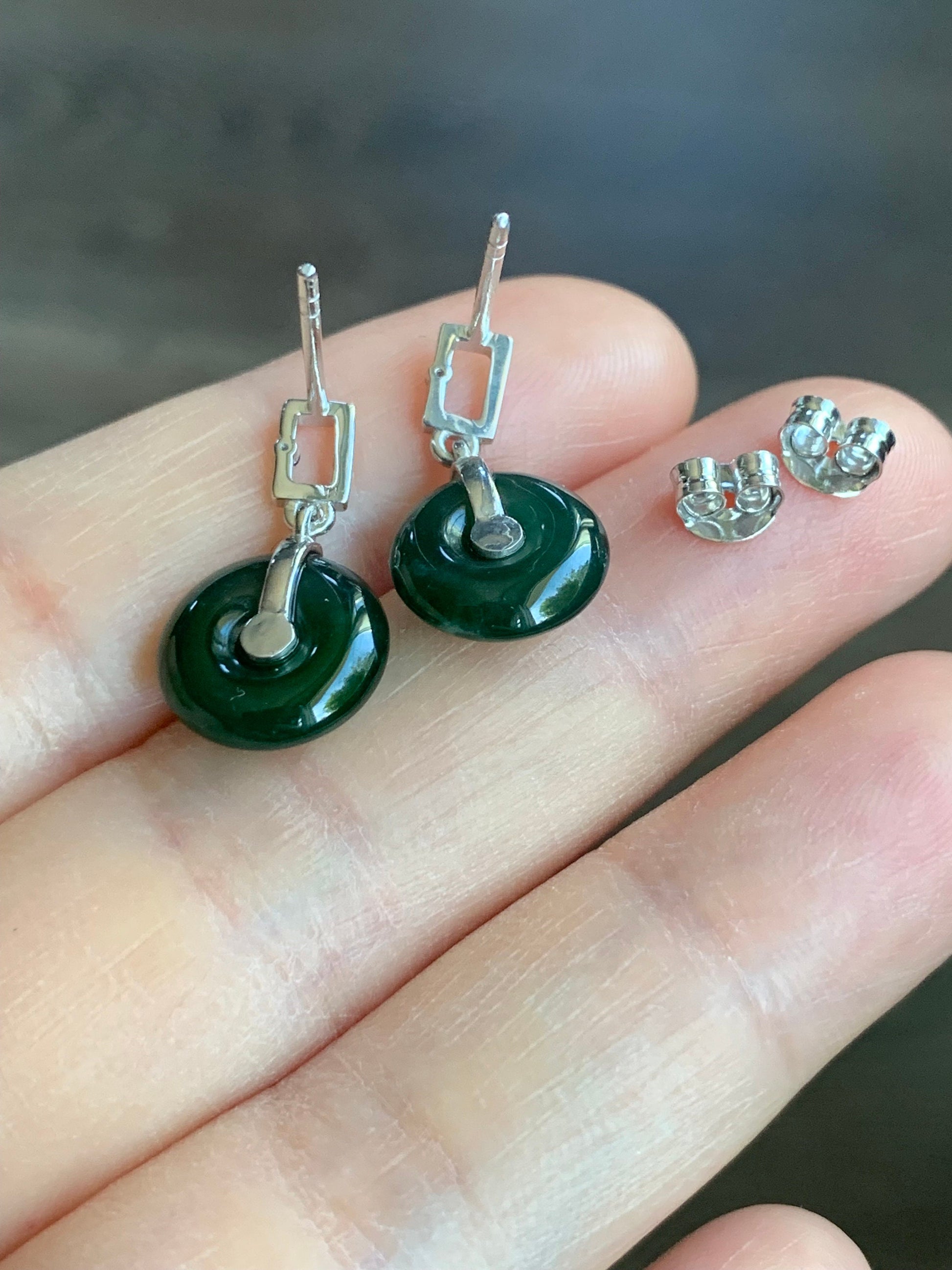 Certified Natural Guatemalan Icy Translucent Teal Green Jadeite Mini Donut Ping An Kou Sapphire Earrings Sterling Silver 天然冰危绿翡翠篮宝石迷你平安扣耳钉
