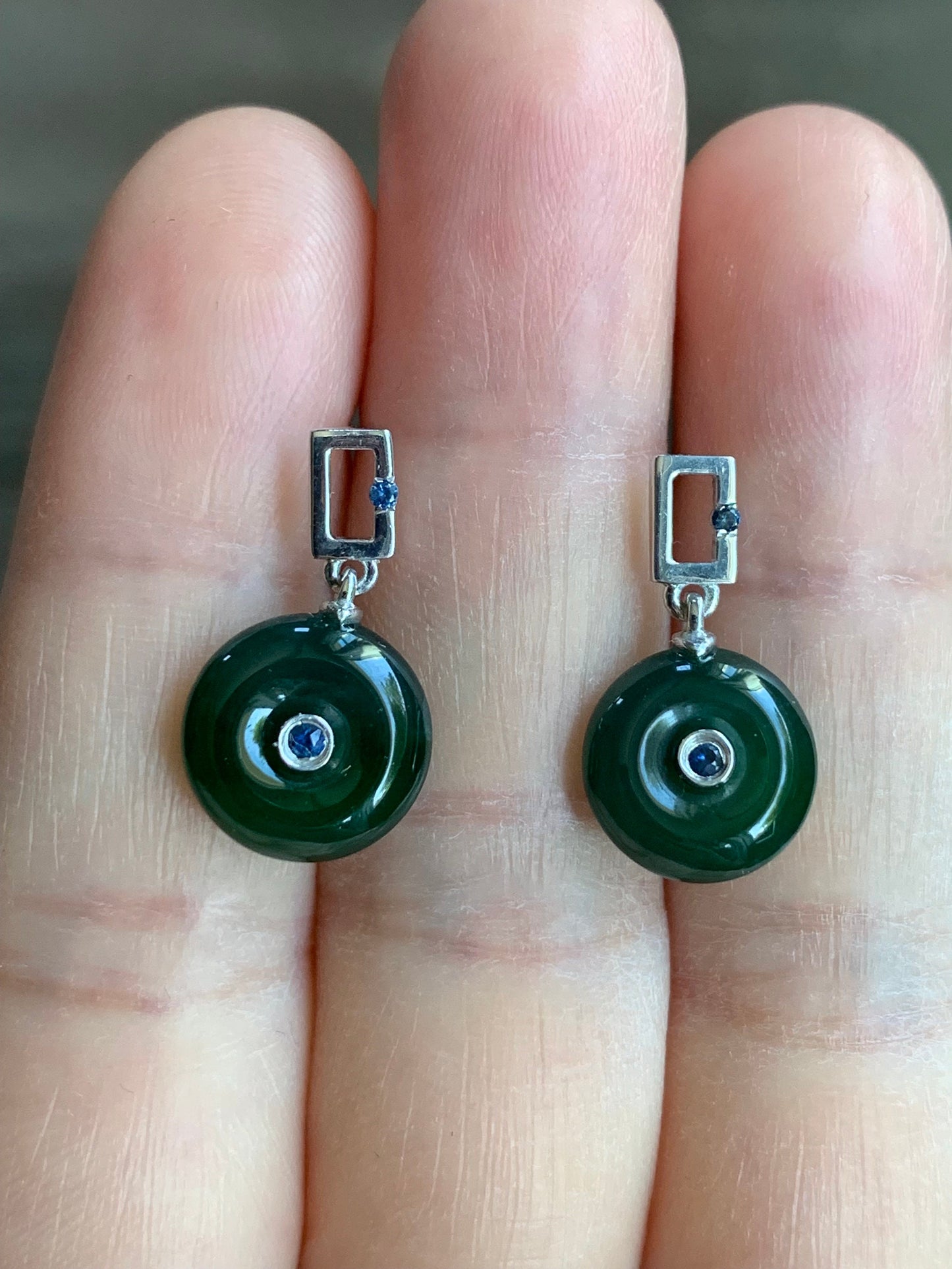Certified Natural Guatemalan Icy Translucent Teal Green Jadeite Mini Donut Ping An Kou Sapphire Earrings Sterling Silver 天然冰危绿翡翠篮宝石迷你平安扣耳钉