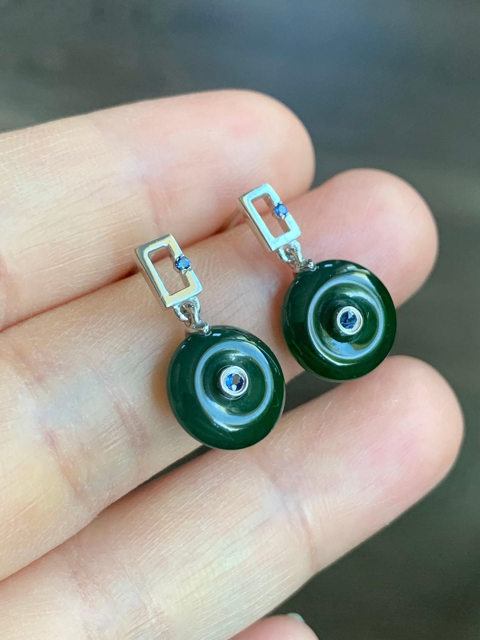 Certified Natural Guatemalan Icy Translucent Teal Green Jadeite Mini Donut Ping An Kou Sapphire Earrings Sterling Silver 天然冰危绿翡翠篮宝石迷你平安扣耳钉