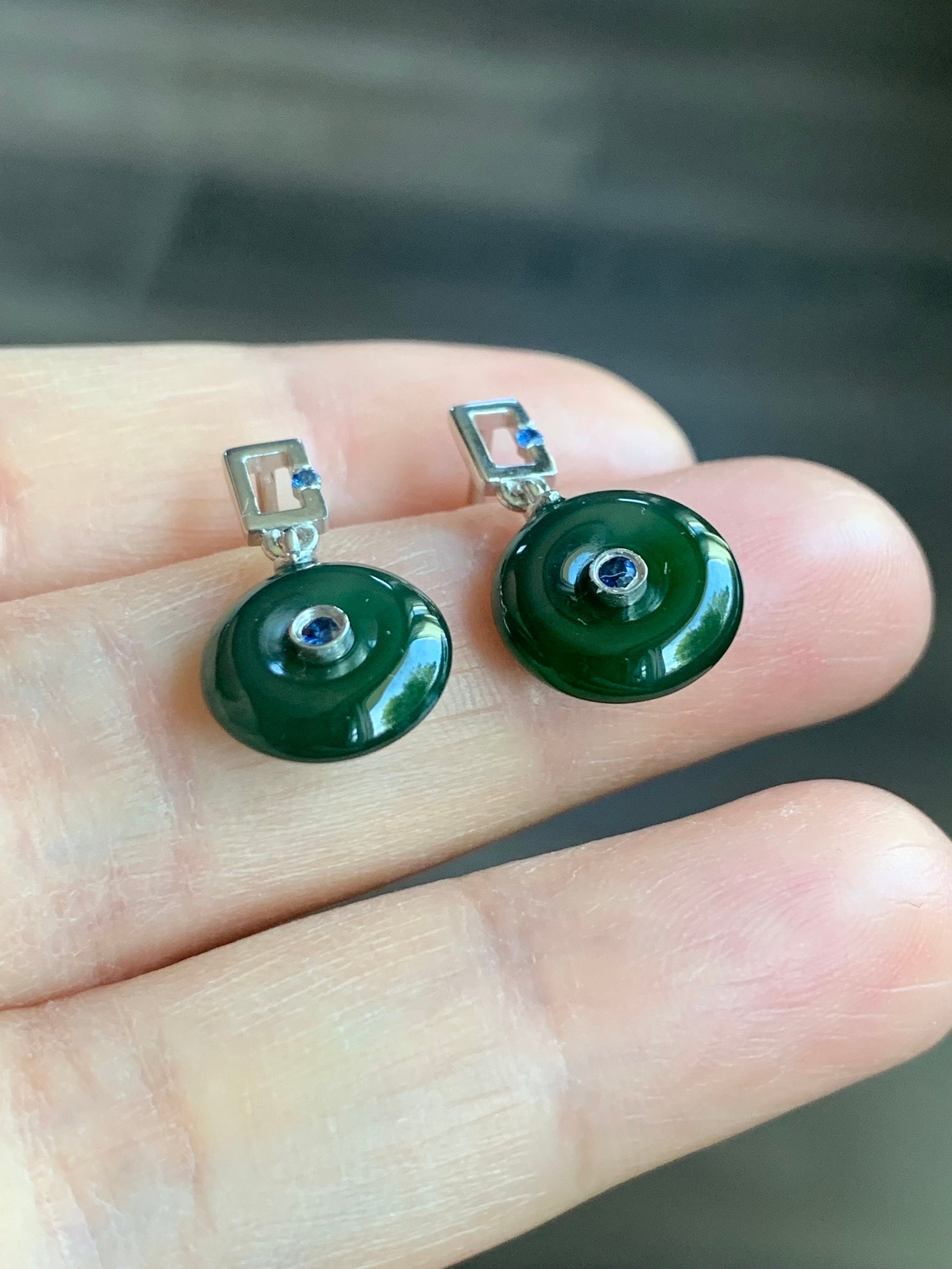 Certified Natural Guatemalan Icy Translucent Teal Green Jadeite Mini Donut Ping An Kou Sapphire Earrings Sterling Silver 天然冰危绿翡翠篮宝石迷你平安扣耳钉