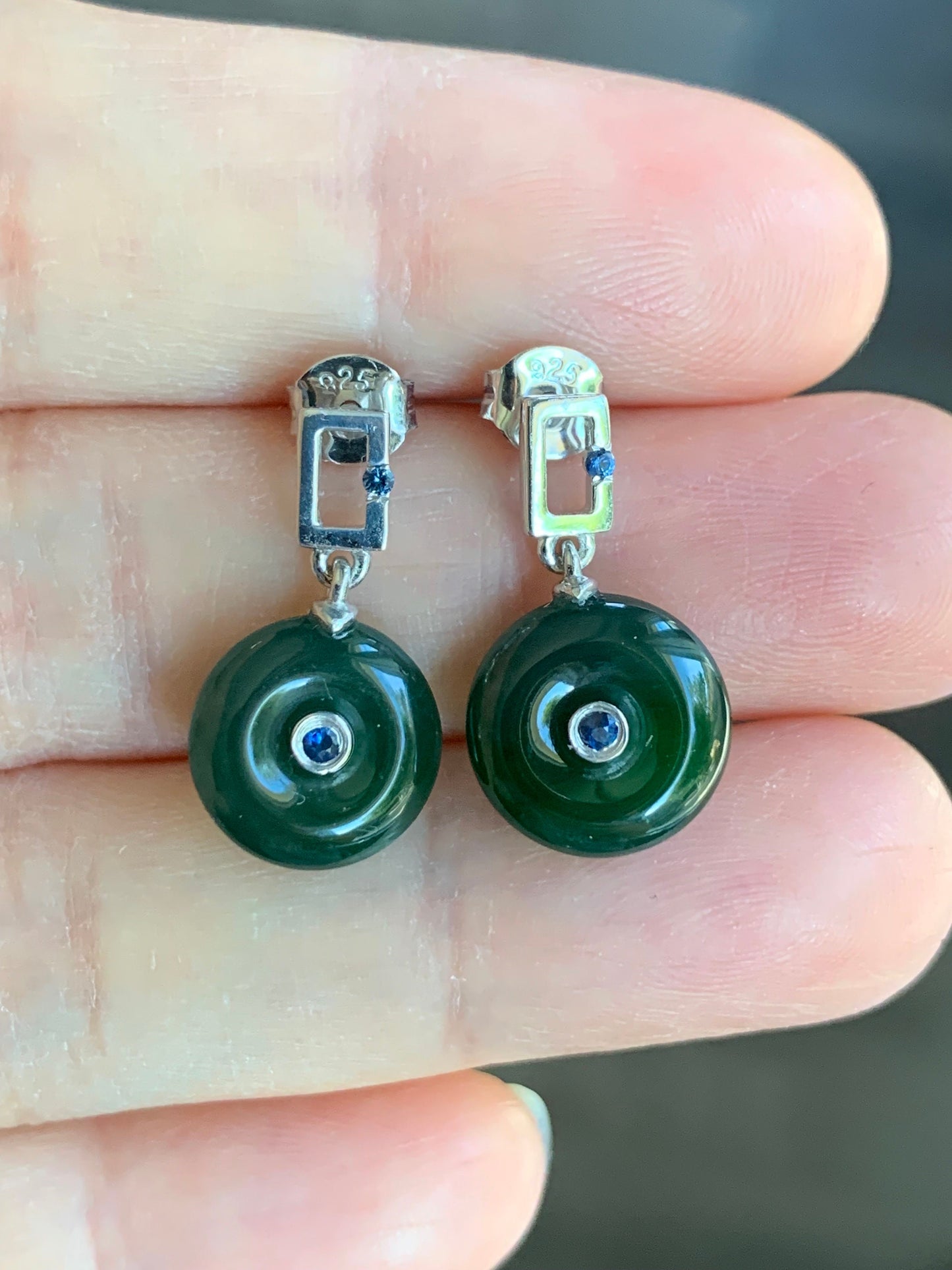 Certified Natural Guatemalan Icy Translucent Teal Green Jadeite Mini Donut Ping An Kou Sapphire Earrings Sterling Silver 天然冰危绿翡翠篮宝石迷你平安扣耳钉