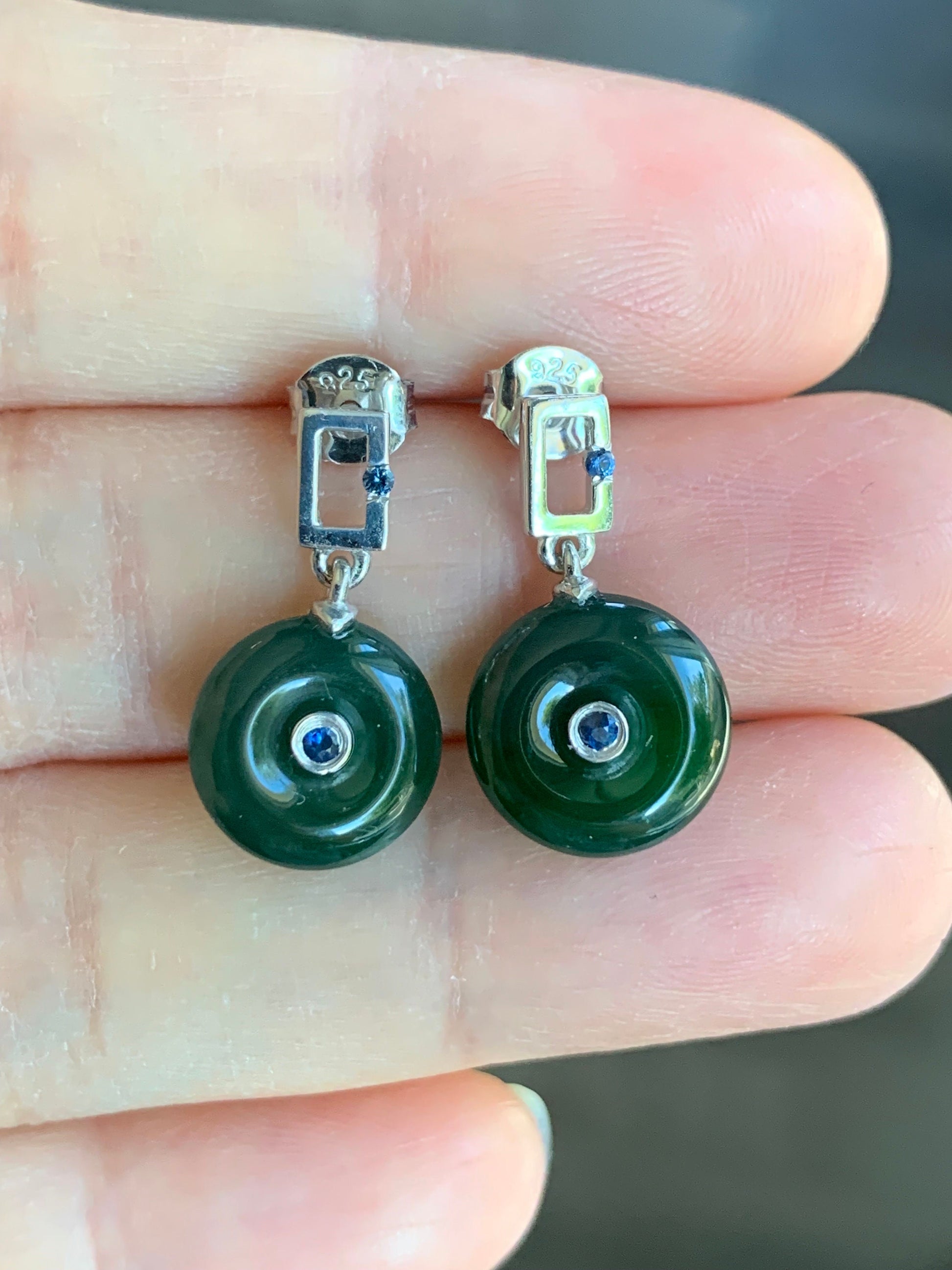 Certified Natural Guatemalan Icy Translucent Teal Green Jadeite Mini Donut Ping An Kou Sapphire Earrings Sterling Silver 天然冰危绿翡翠篮宝石迷你平安扣耳钉