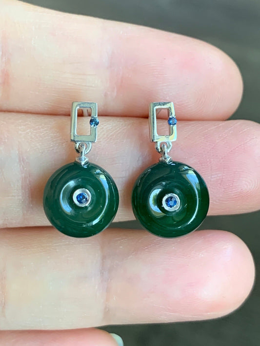 Certified Natural Guatemalan Icy Translucent Teal Green Jadeite Mini Donut Ping An Kou Sapphire Earrings Sterling Silver 天然冰危绿翡翠篮宝石迷你平安扣耳钉