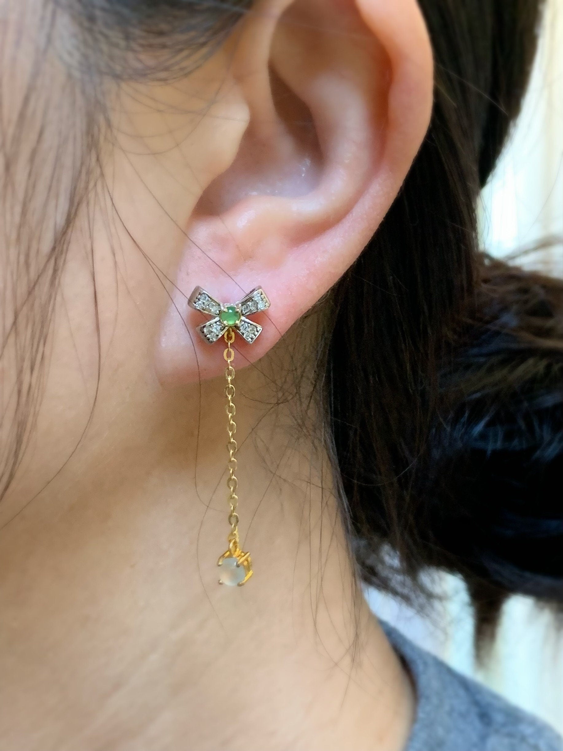 Natural Burmese & Guatemalan Icy Highly Translucent White and Green Jadeite Bow Design Stud Earrings S925 Sterling Silver 天然缅甸白冰翡翠冰绿翡翠银镶耳钉